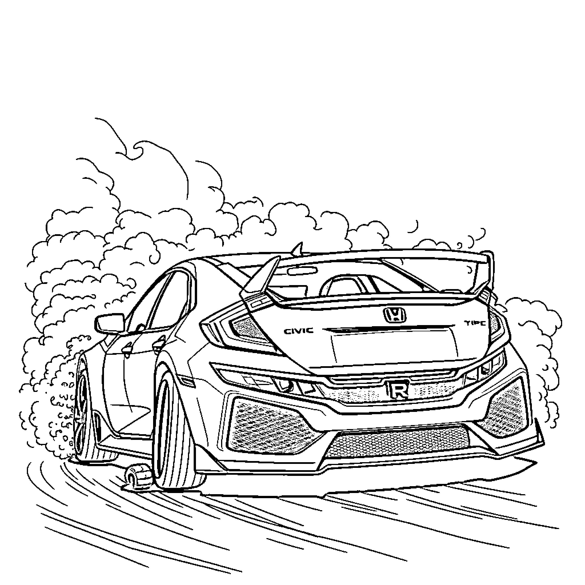 Civic Racing Action on Winding Road Coloring Page (free black-and-white line drawing printable PDF for all, from beginners to advanced learners, including children, teens, adults, and seniors)