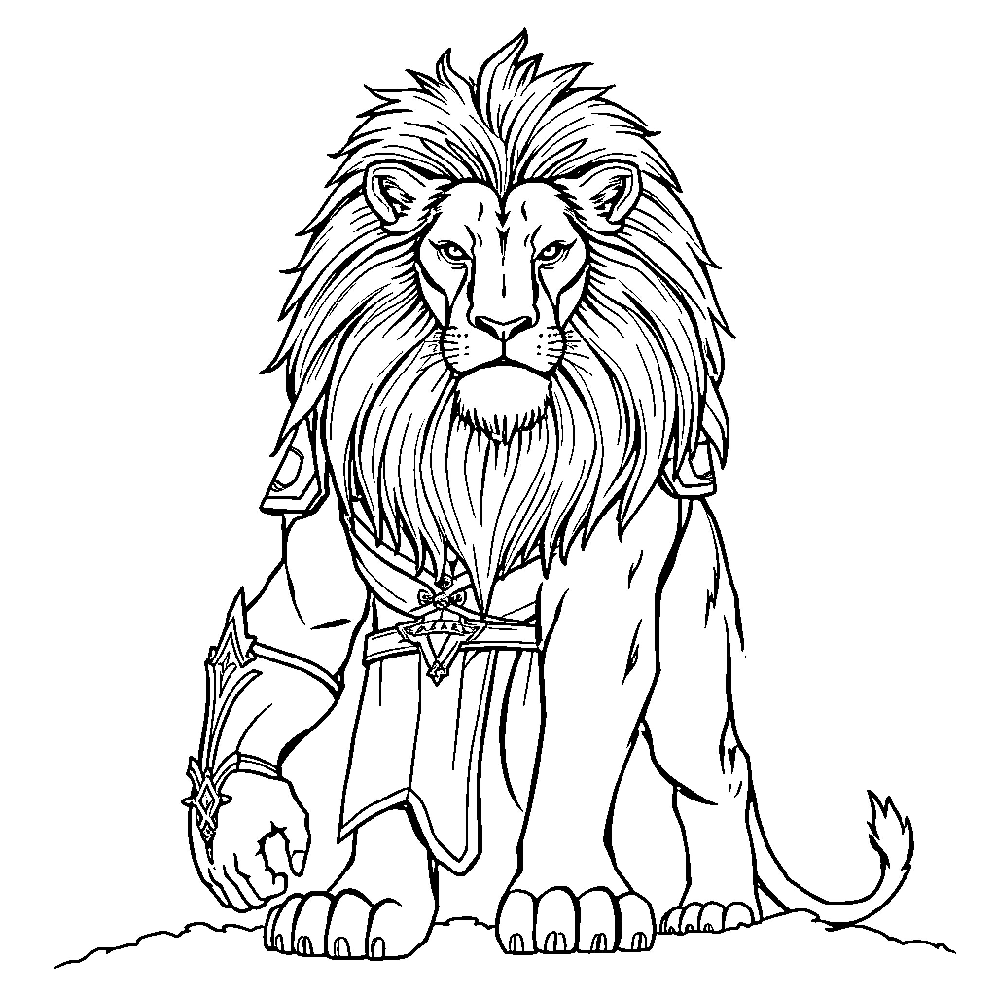 Lion in noble attire with royal accessories Coloring Page (free black-and-white line drawing printable PDF for all, from beginners to advanced learners, including children, teens, adults, and seniors)