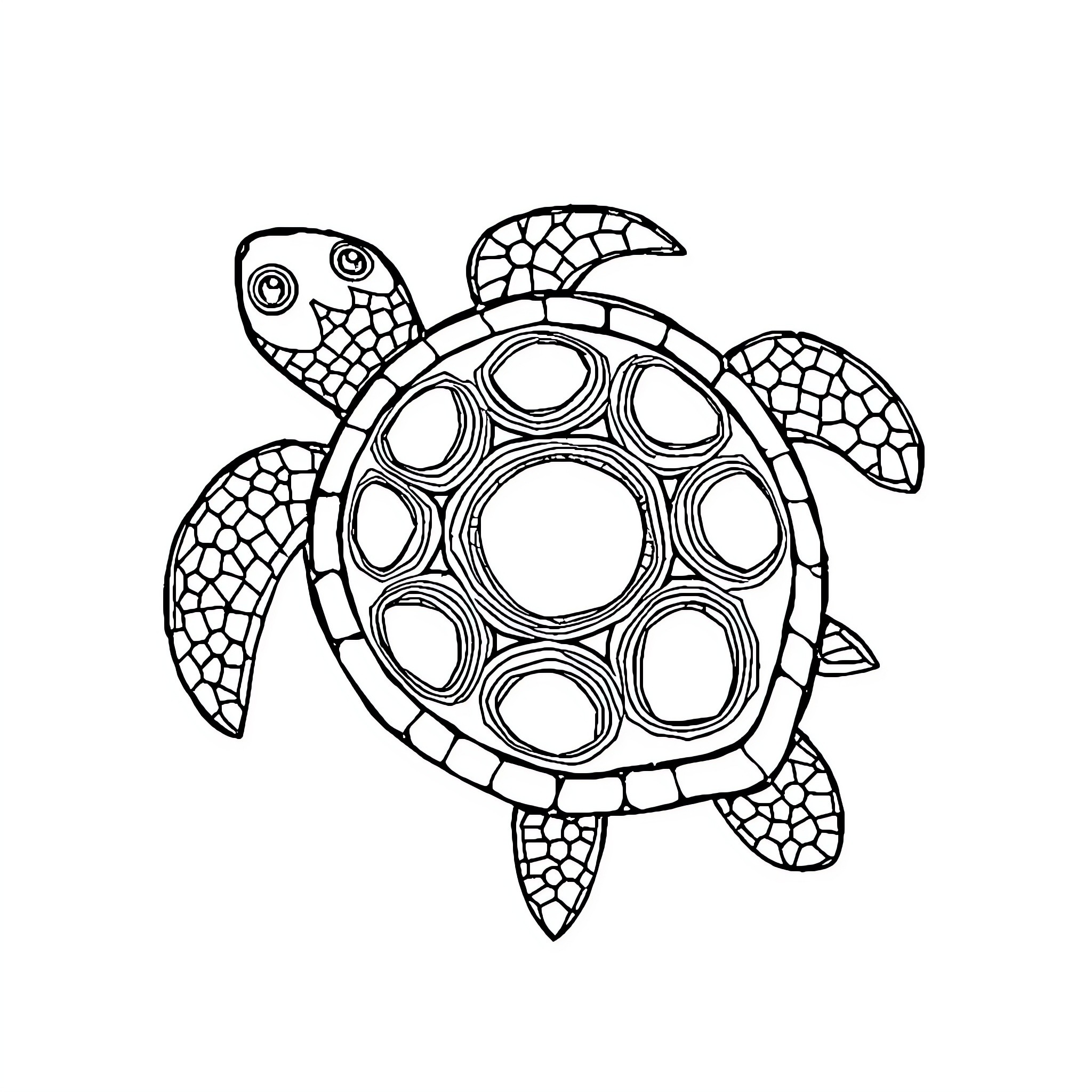 Turtle with intricate shell pattern Coloring Page (free black-and-white line drawing printable PDF for all, from beginners to advanced learners, including children, teens, adults, and seniors)