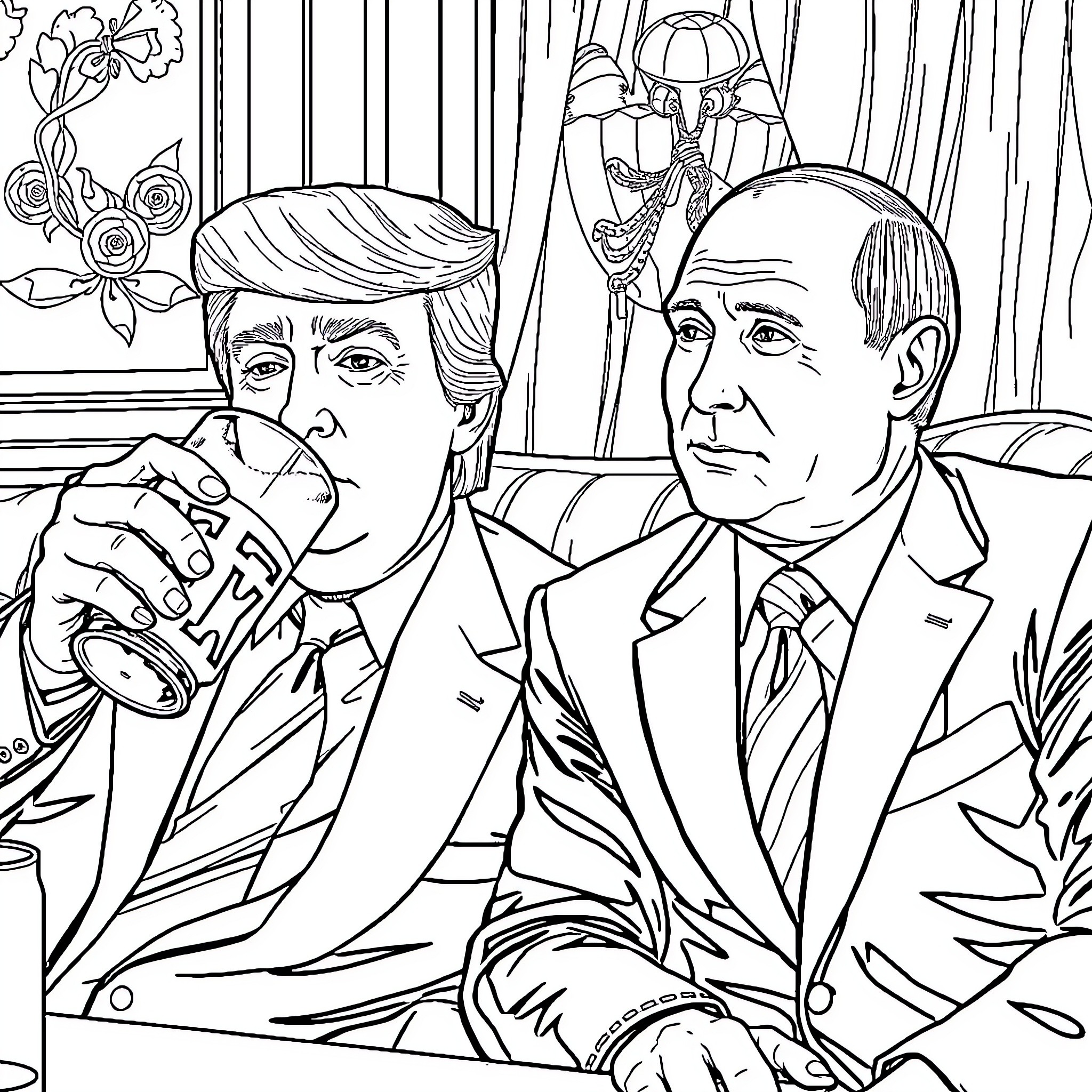 Trump and an Older Man in Formal Attire Coloring Page (free black-and-white line drawing printable PDF for all, from beginners to advanced learners, including children, teens, adults, and seniors)
