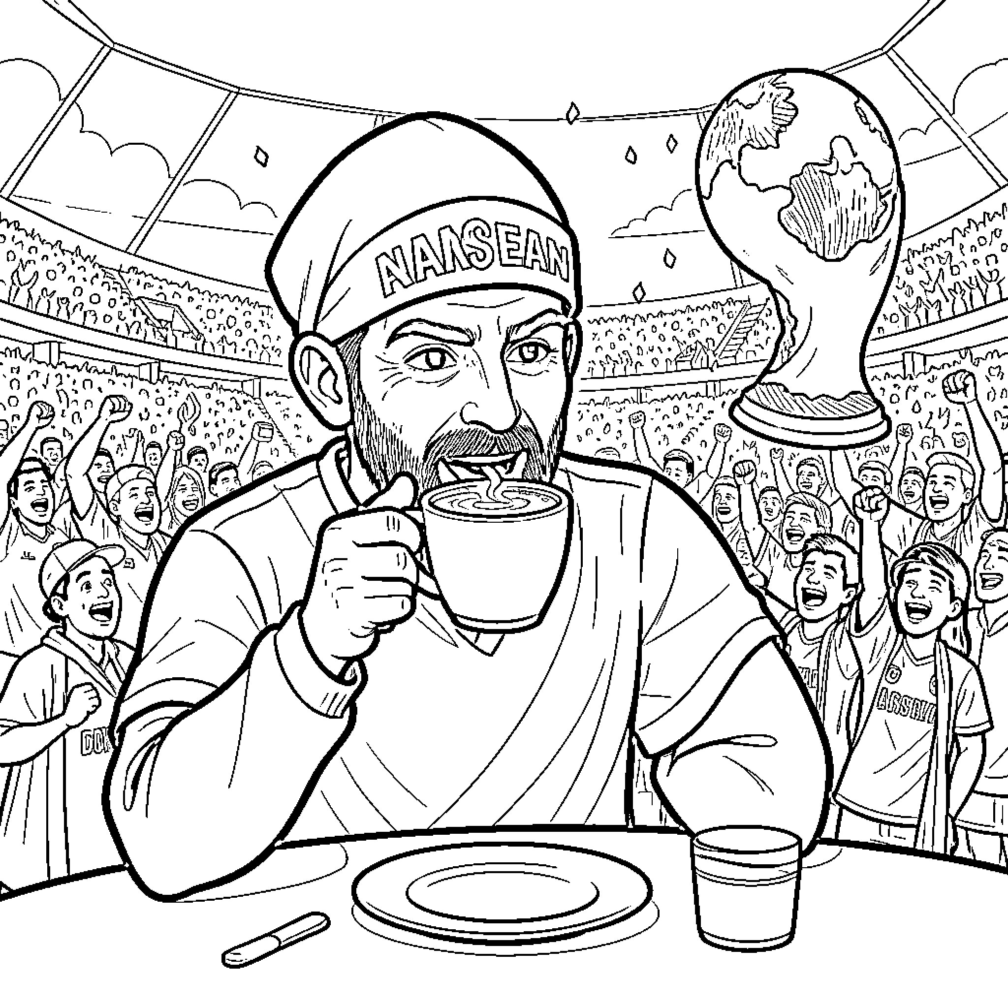 Assassin drinking coffee while surrounded by a cheering crowd Coloring Page (free black-and-white line drawing printable PDF for all, from beginners to advanced learners, including children, teens, adults, and seniors)