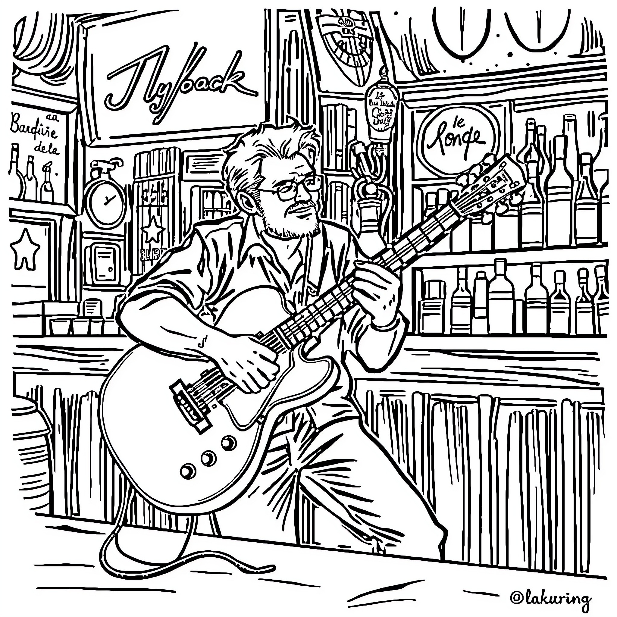 Barman playing guitar in a lively music bar Coloring Page (free black-and-white line drawing printable PDF for all, from beginners to advanced learners, including children, teens, adults, and seniors)