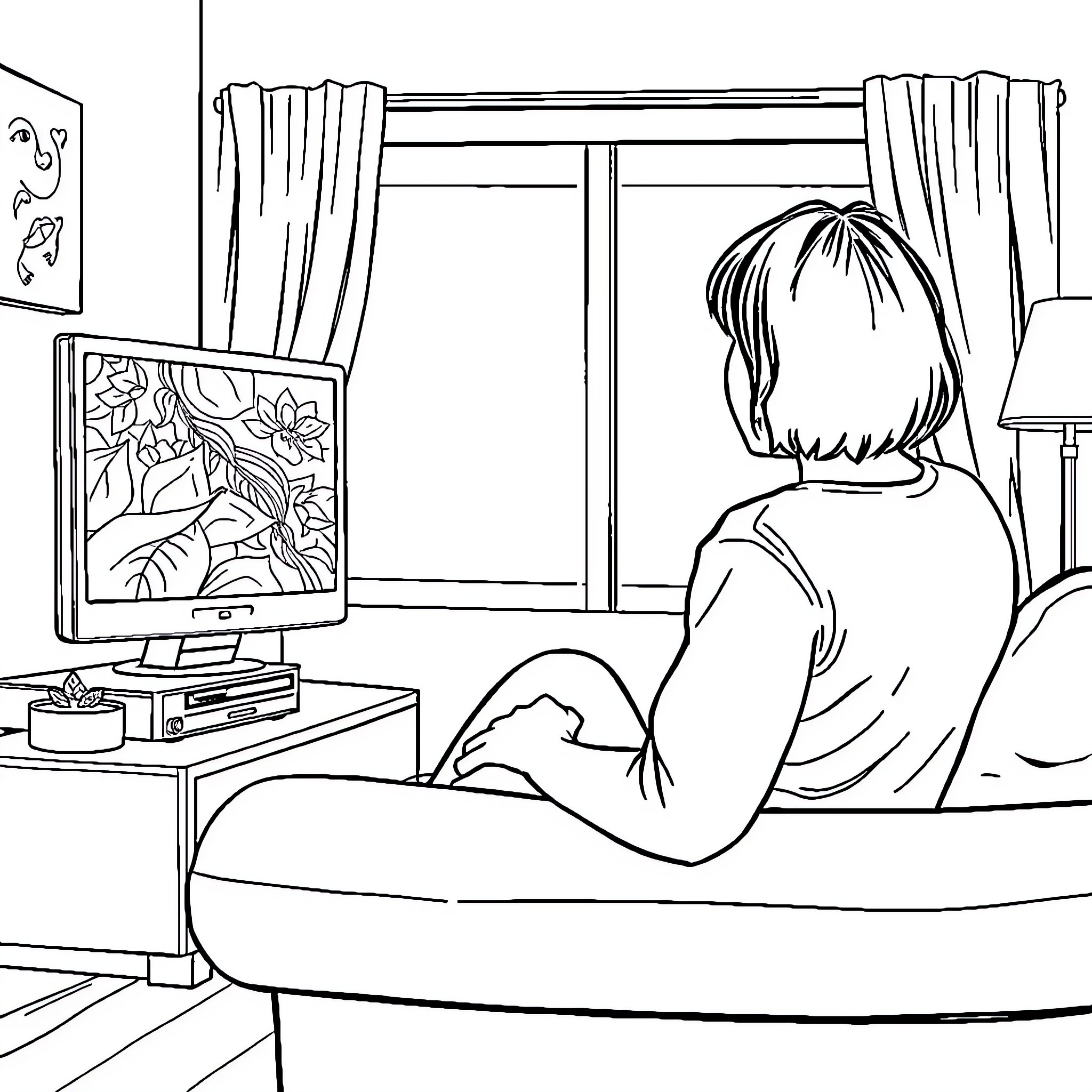 Among Alone and Relaxed in the Living Room Coloring Page (free black-and-white line drawing printable PDF for all, from beginners to advanced learners, including children, teens, adults, and seniors)