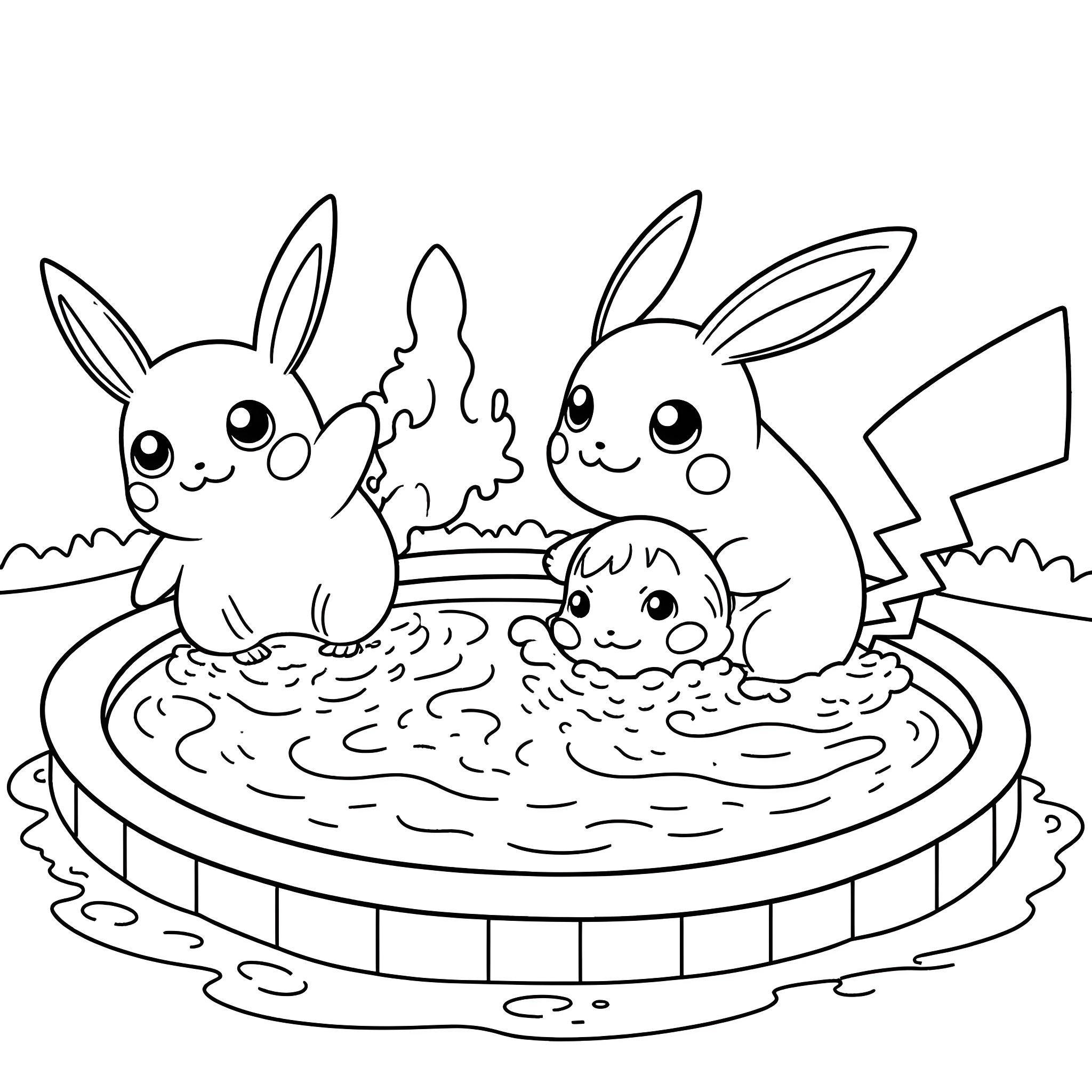 Pokémon characters enjoying a relaxing pool party Coloring Page (free black-and-white line drawing printable PDF for all, from beginners to advanced learners, including children, teens, adults, and seniors)