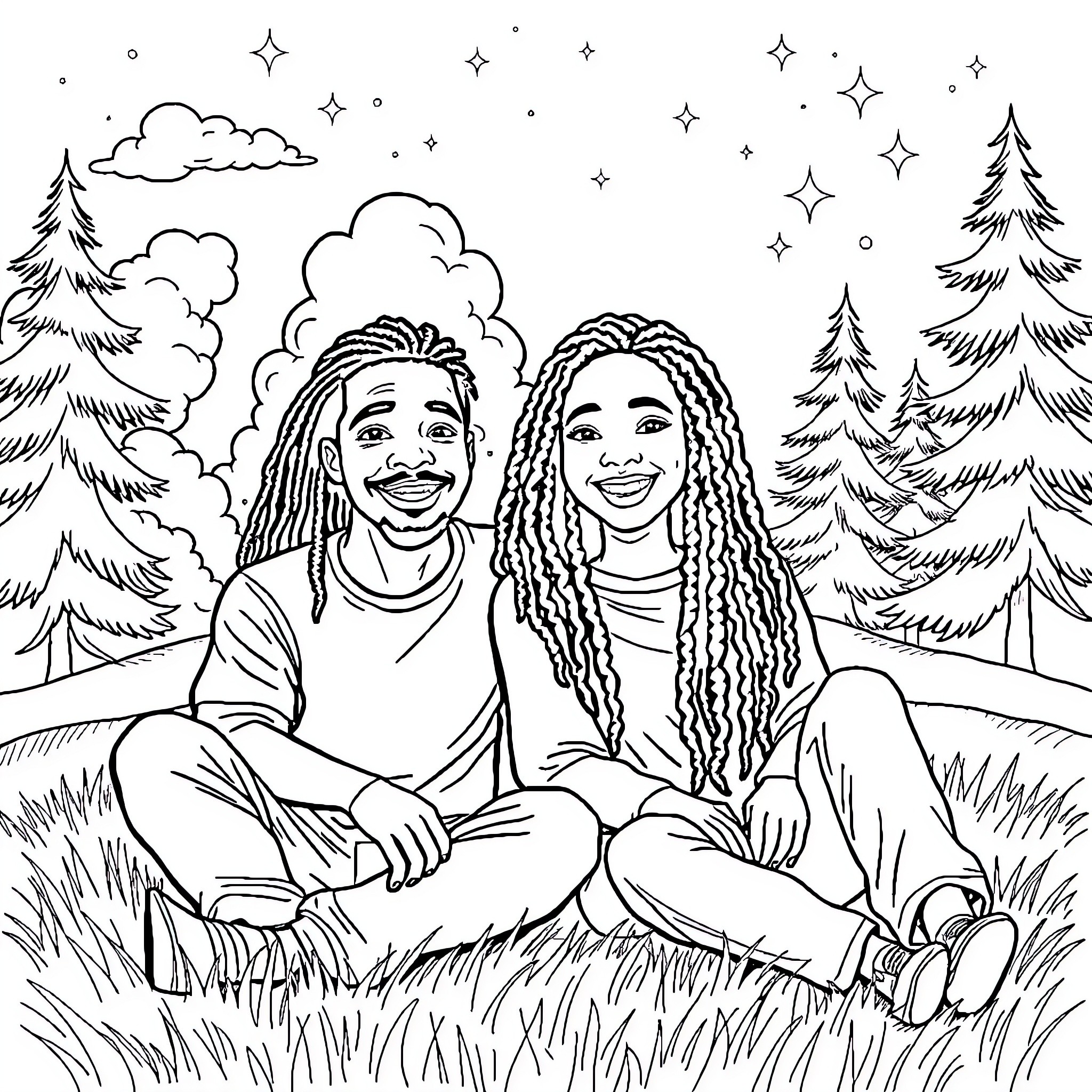 Couple enjoying nature in a winter landscape Coloring Page (free black-and-white line drawing printable PDF for all, from beginners to advanced learners, including children, teens, adults, and seniors)