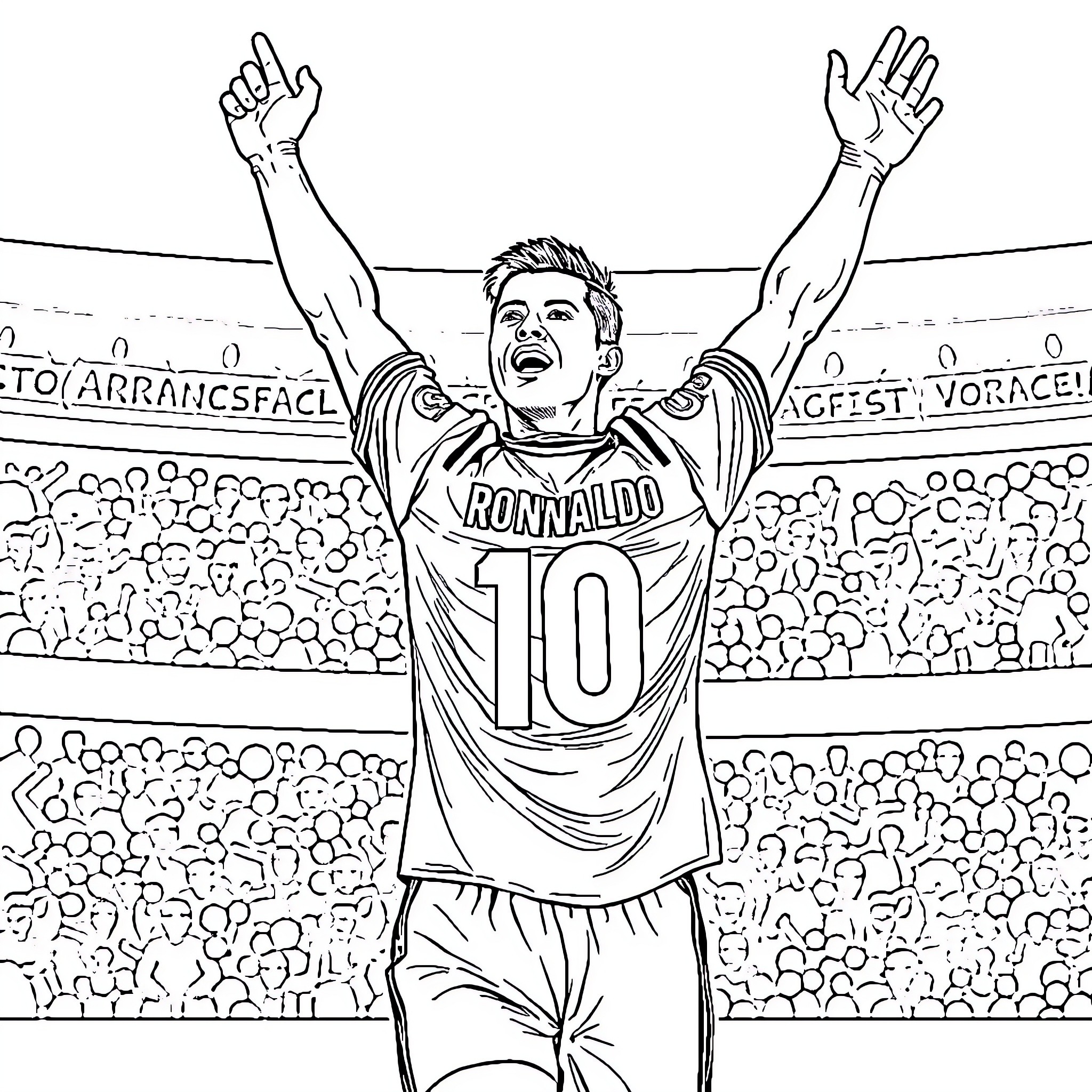 Ronaldo celebrates triumphantly on the soccer field Coloring Page (free black-and-white line drawing printable PDF for all, from beginners to advanced learners, including children, teens, adults, and seniors)