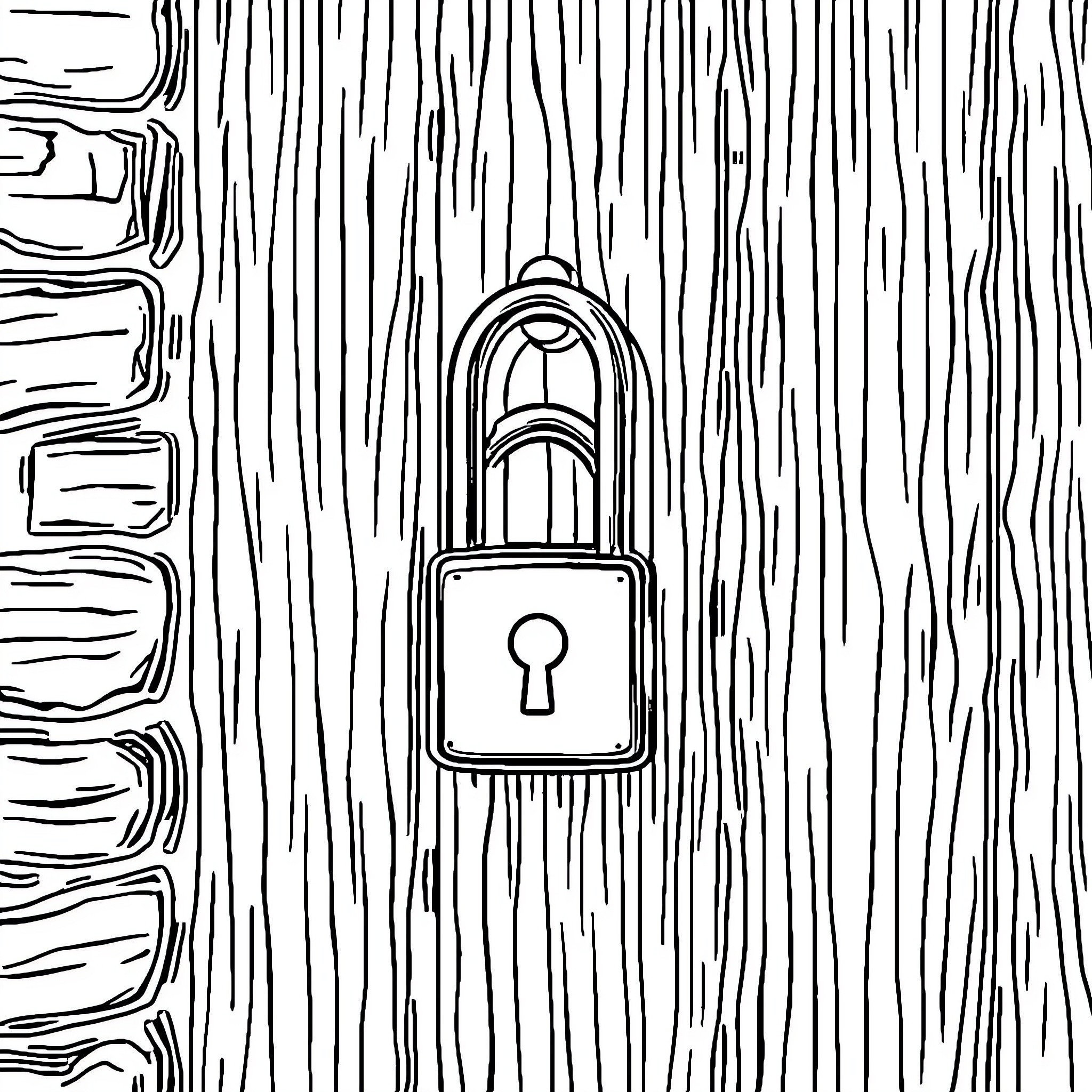 Lock on Wooden Planks Coloring Page (free black-and-white line drawing printable PDF for all, from beginners to advanced learners, including children, teens, adults, and seniors)