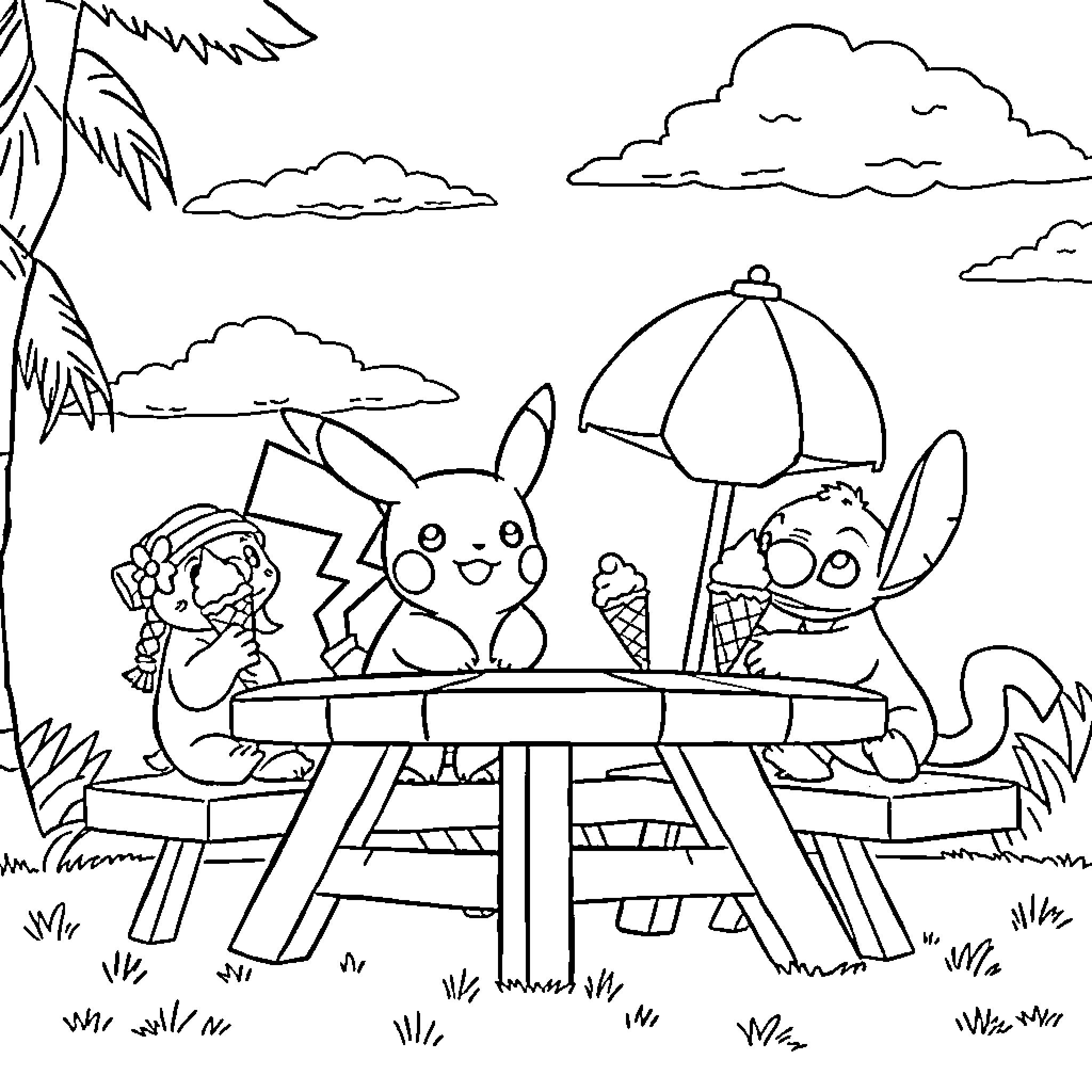 Pikachu enjoying a picnic with friends Coloring Page (free black-and-white line drawing printable PDF for all, from beginners to advanced learners, including children, teens, adults, and seniors)