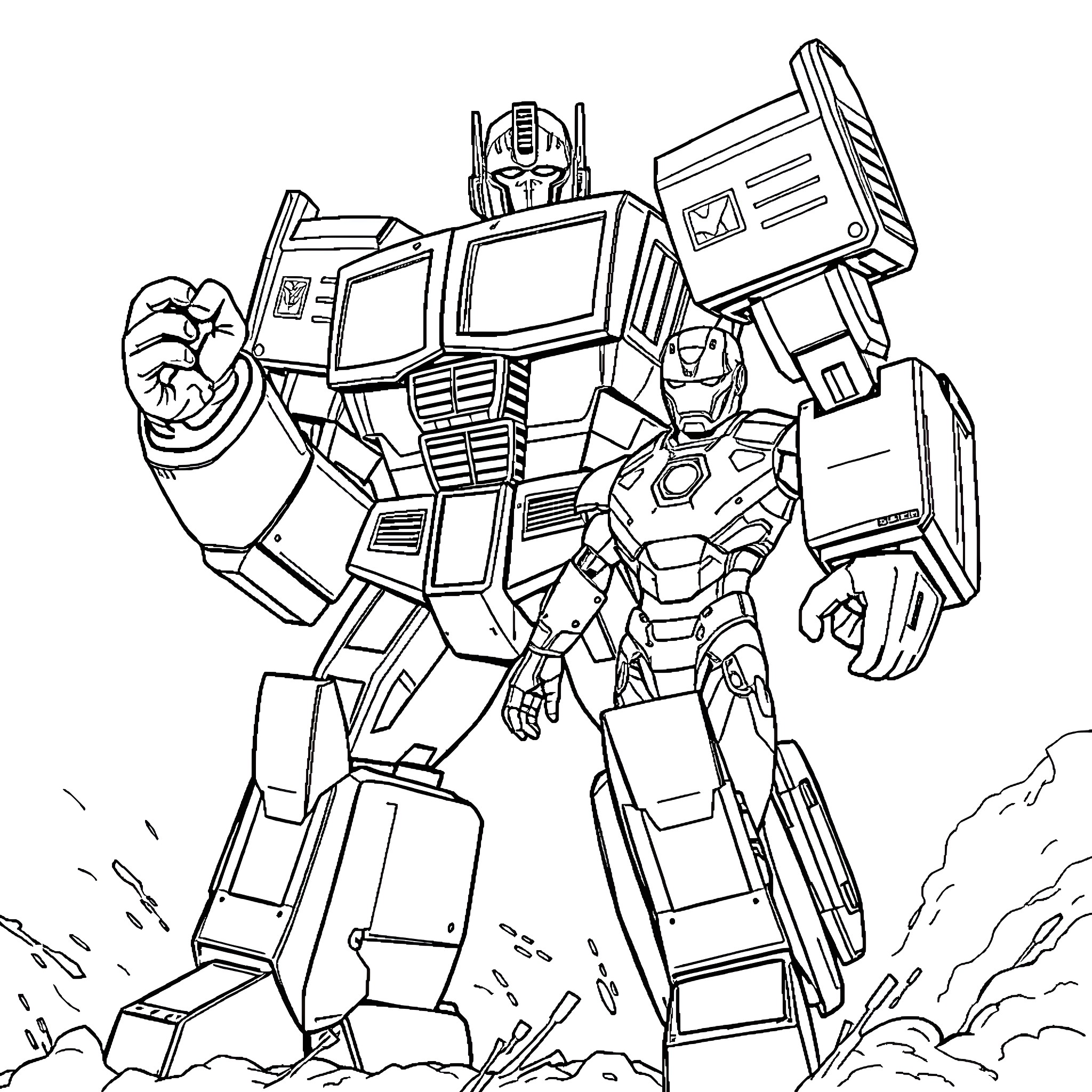 Optimus Prime Heroic Robot Warrior Stands Tall Coloring Page (free black-and-white line drawing printable PDF for all, from beginners to advanced learners, including children, teens, adults, and seniors)