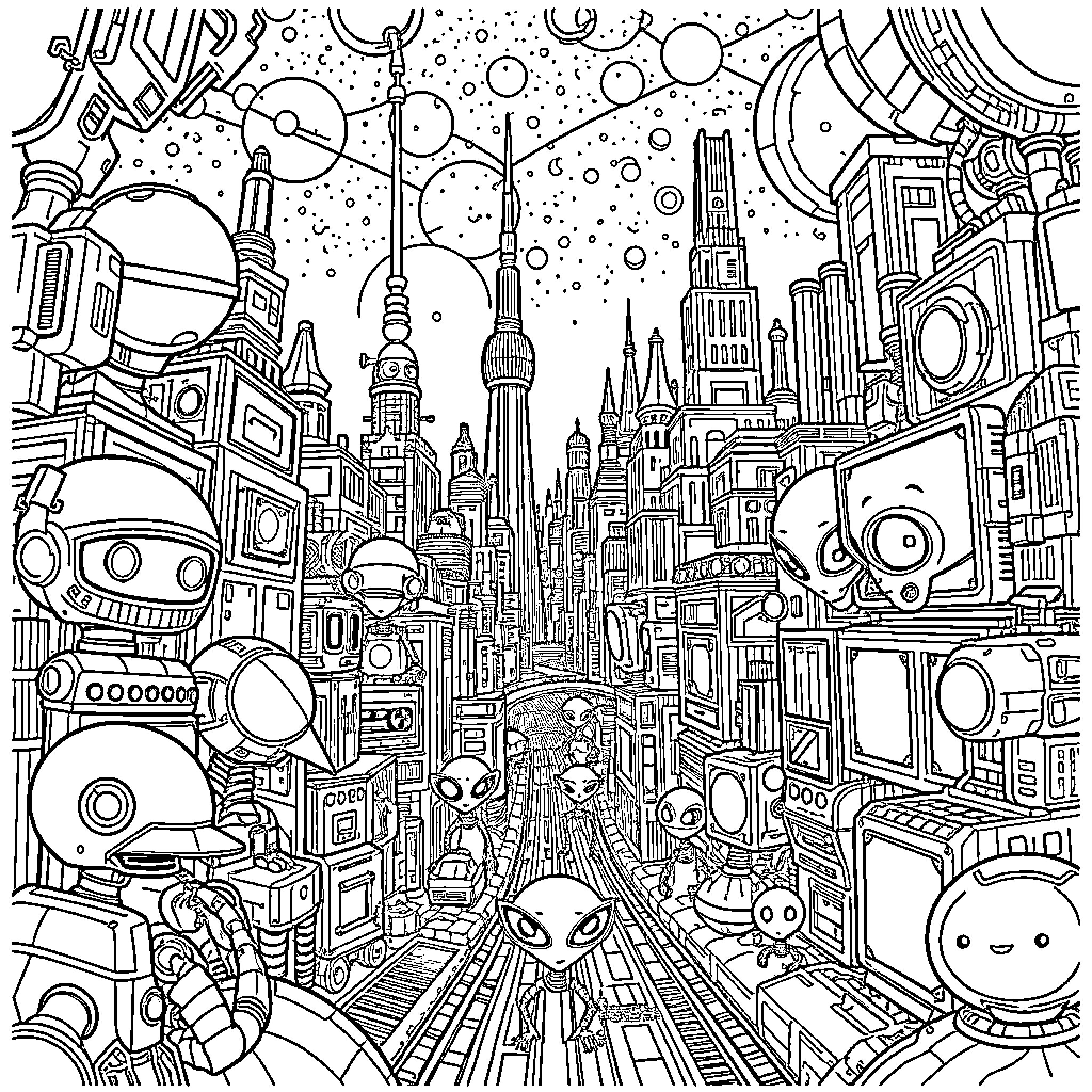 Futurama: Fantastical Metropolis of Robots and Curiosities Coloring Page (free black-and-white line drawing printable PDF for all, from beginners to advanced learners, including children, teens, adults, and seniors)