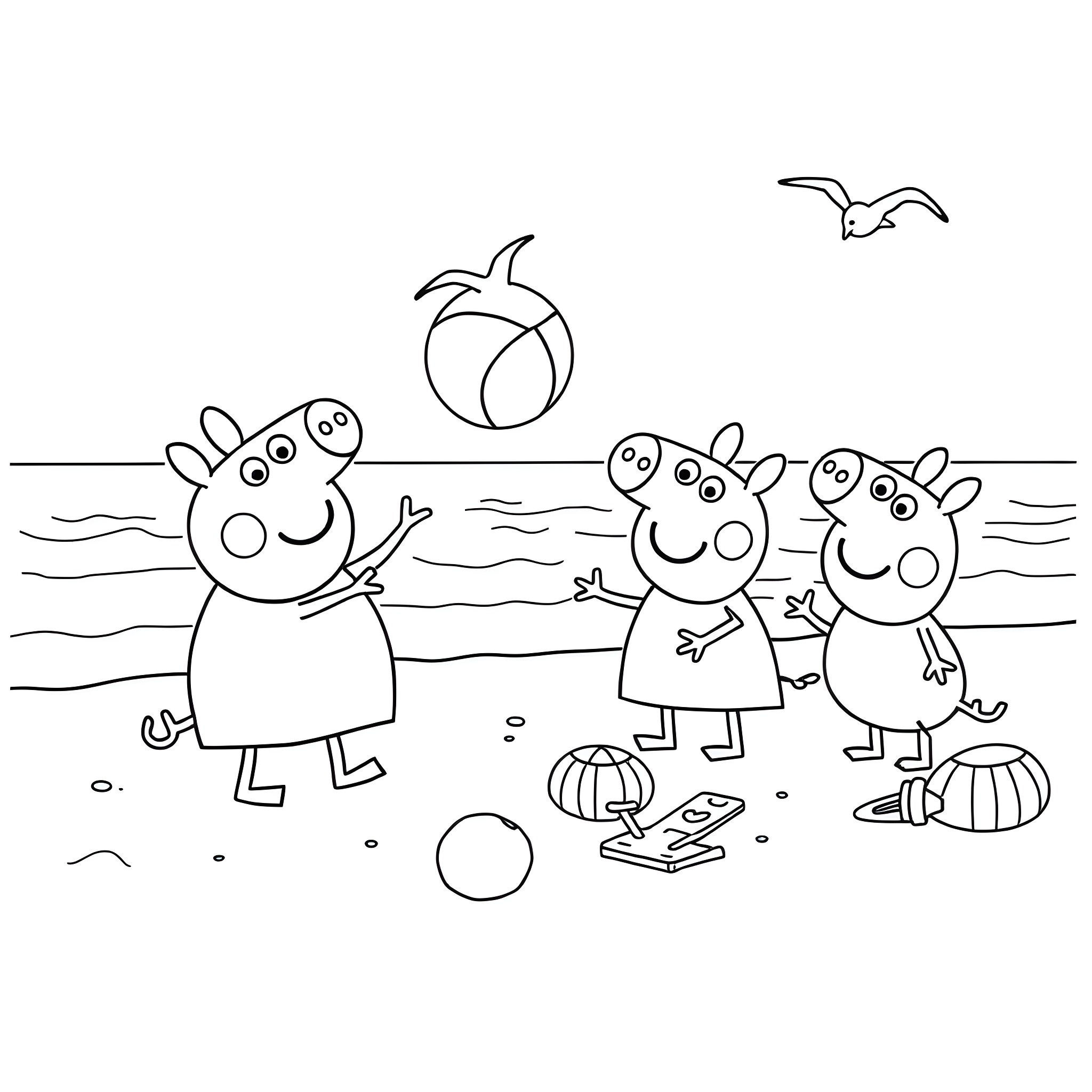 Pig family playing on the beach Coloring Page (free black-and-white line drawing printable PDF for all, from beginners to advanced learners, including children, teens, adults, and seniors)