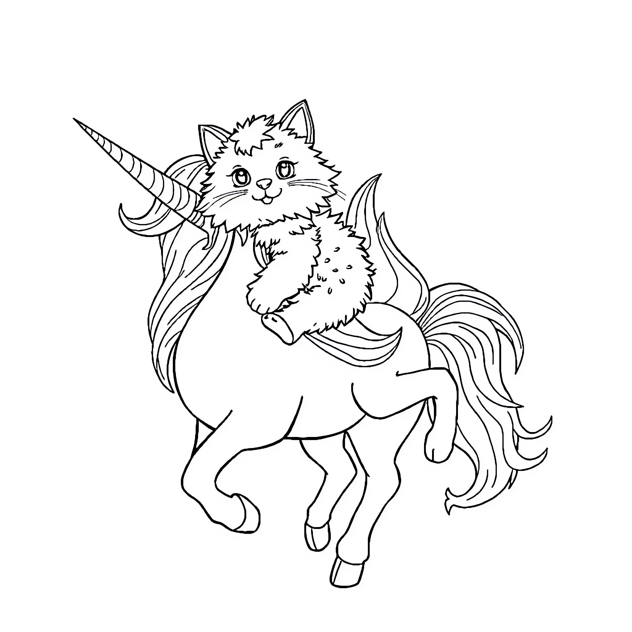 Cat riding a unicorn Coloring Page (free black-and-white line drawing printable PDF for all, from beginners to advanced learners, including children, teens, adults, and seniors)