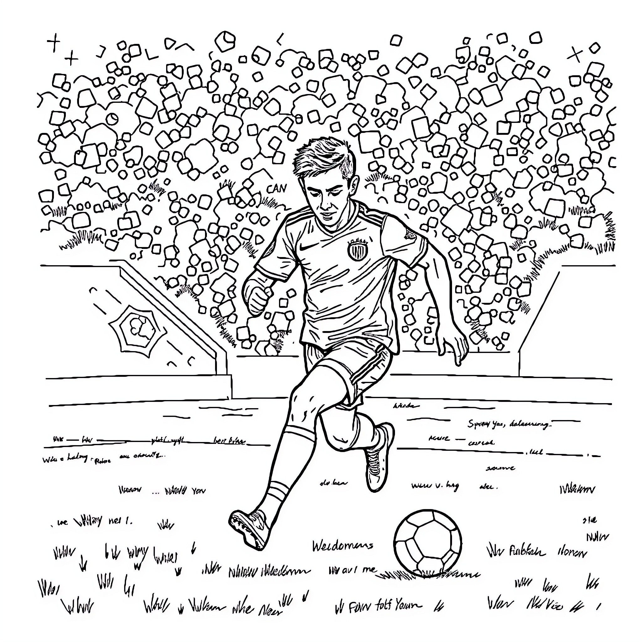 Soccer Player Shooting the Ball in Game Coloring Page (free black-and-white line drawing printable PDF for all, from beginners to advanced learners, including children, teens, adults, and seniors)