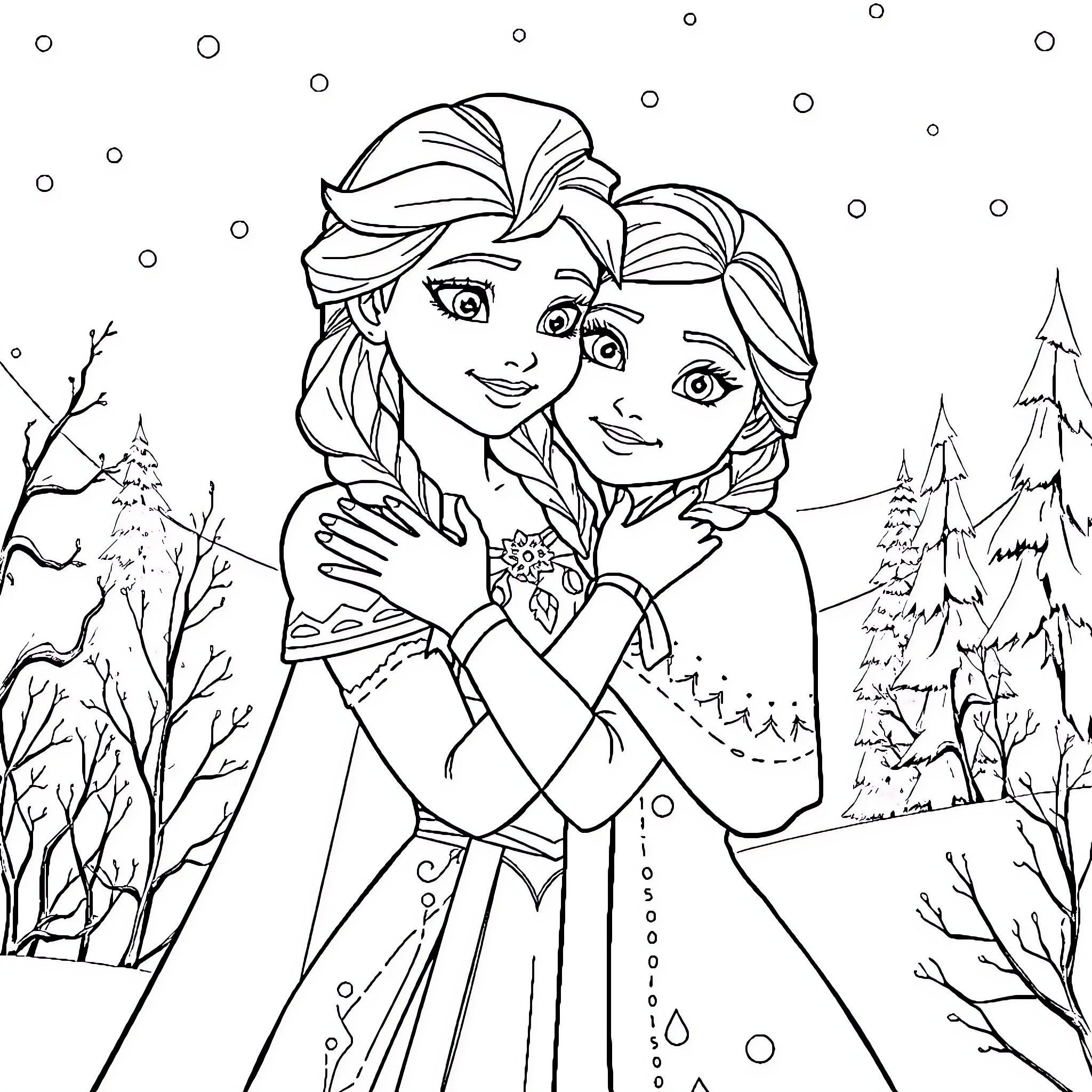 Elsa and Anna embracing in winter wonderland Coloring Page (free black-and-white line drawing printable PDF for all, from beginners to advanced learners, including children, teens, adults, and seniors)