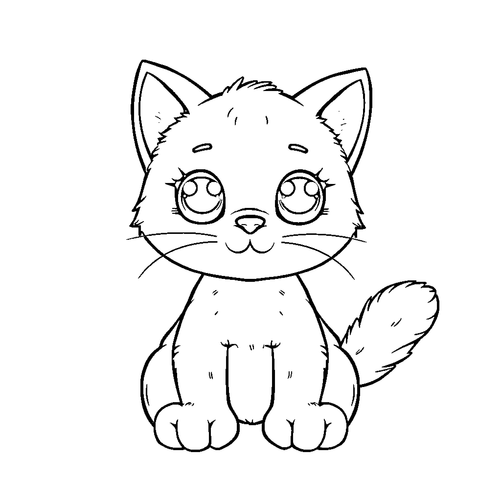 Cat cartoon with big eyes and cute expression Coloring Page (free black-and-white line drawing printable PDF for all, from beginners to advanced learners, including children, teens, adults, and seniors)