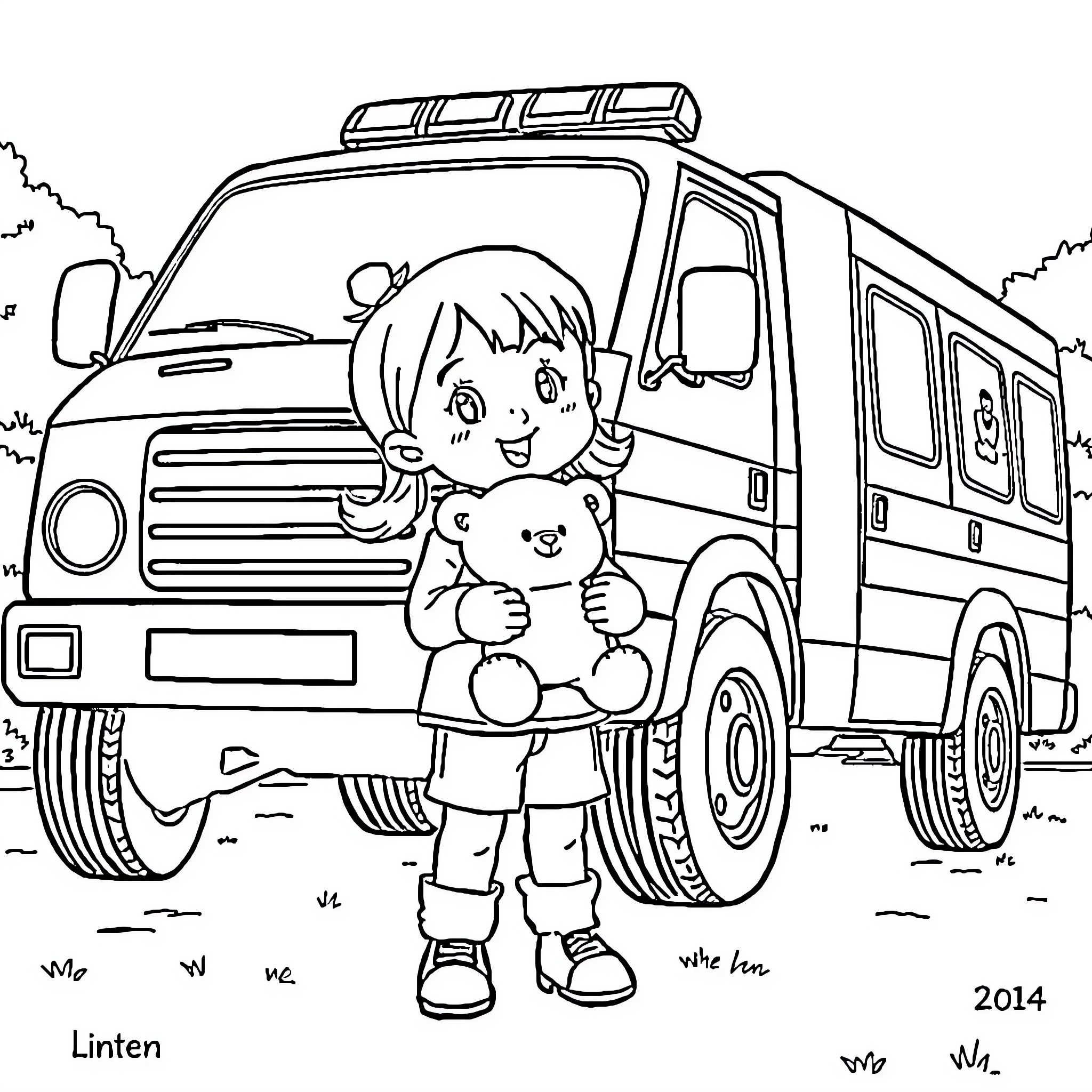 Girl playing with stuffed animal near police vehicle Coloring Page (free black-and-white line drawing printable PDF for all, from beginners to advanced learners, including children, teens, adults, and seniors)