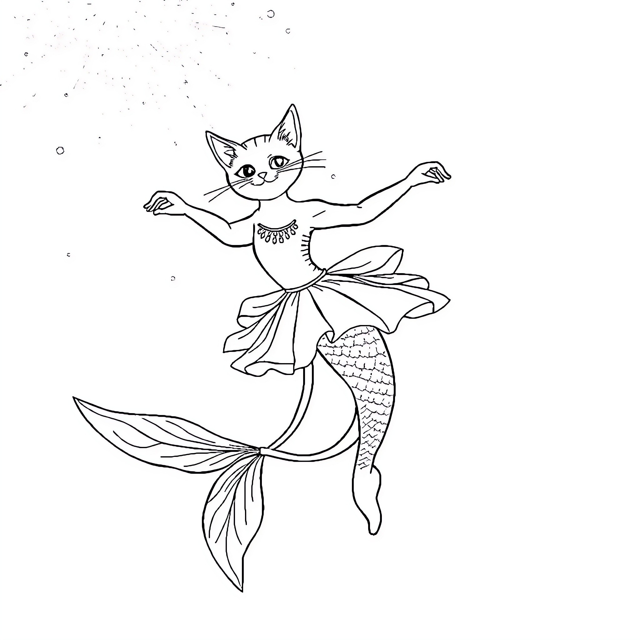 Ballerina cat mermaid dancing gracefully Coloring Page (free black-and-white line drawing printable PDF for all, from beginners to advanced learners, including children, teens, adults, and seniors)
