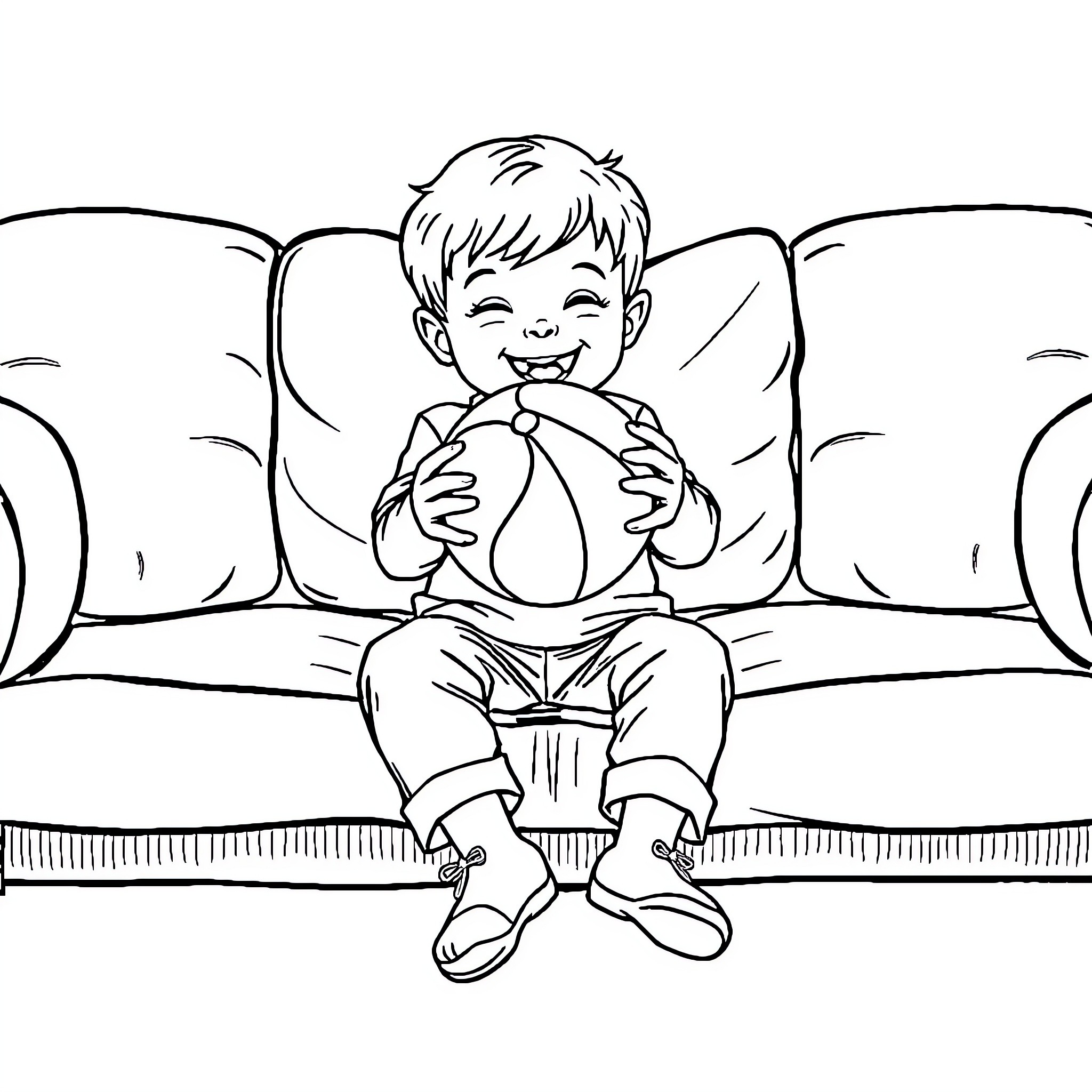 Boy enjoying a snack on the couch Coloring Page (free black-and-white line drawing printable PDF for all, from beginners to advanced learners, including children, teens, adults, and seniors)