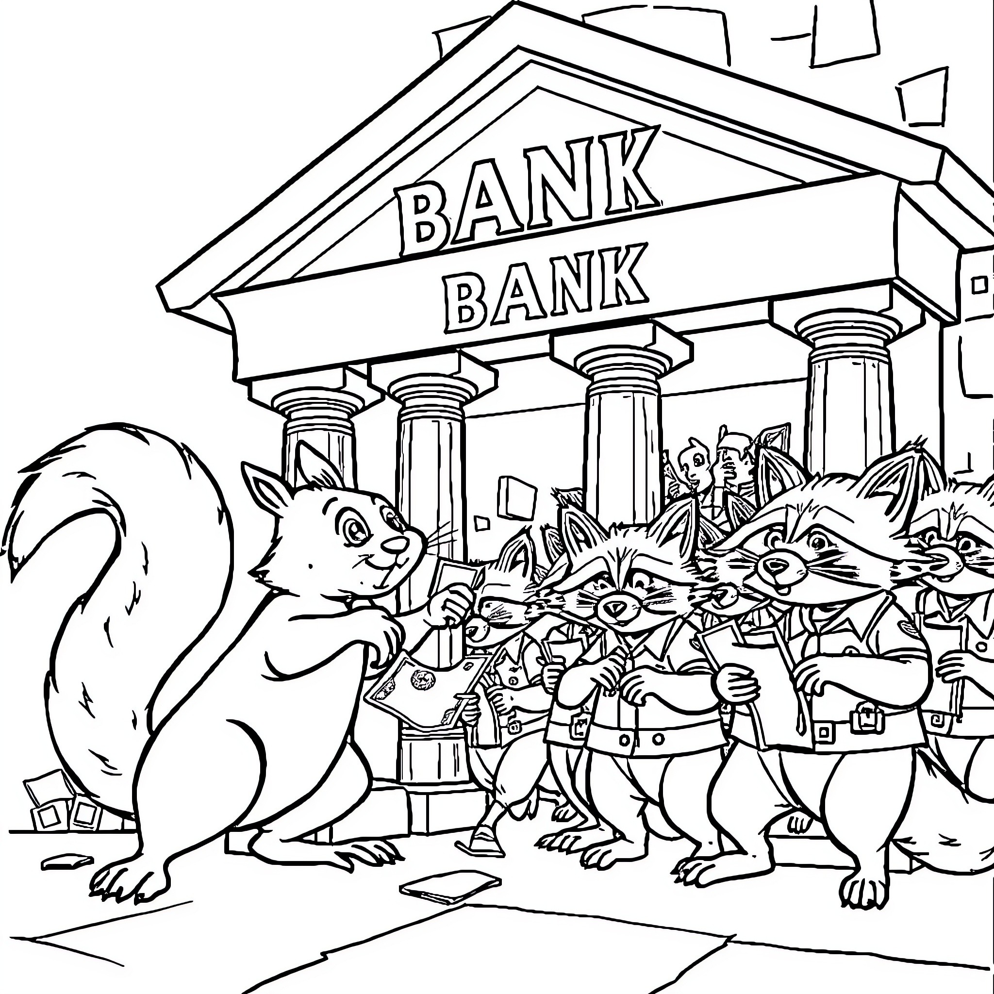 Squirrel bank robbers raiding the bank Coloring Page (free black-and-white line drawing printable PDF for all, from beginners to advanced learners, including children, teens, adults, and seniors)
