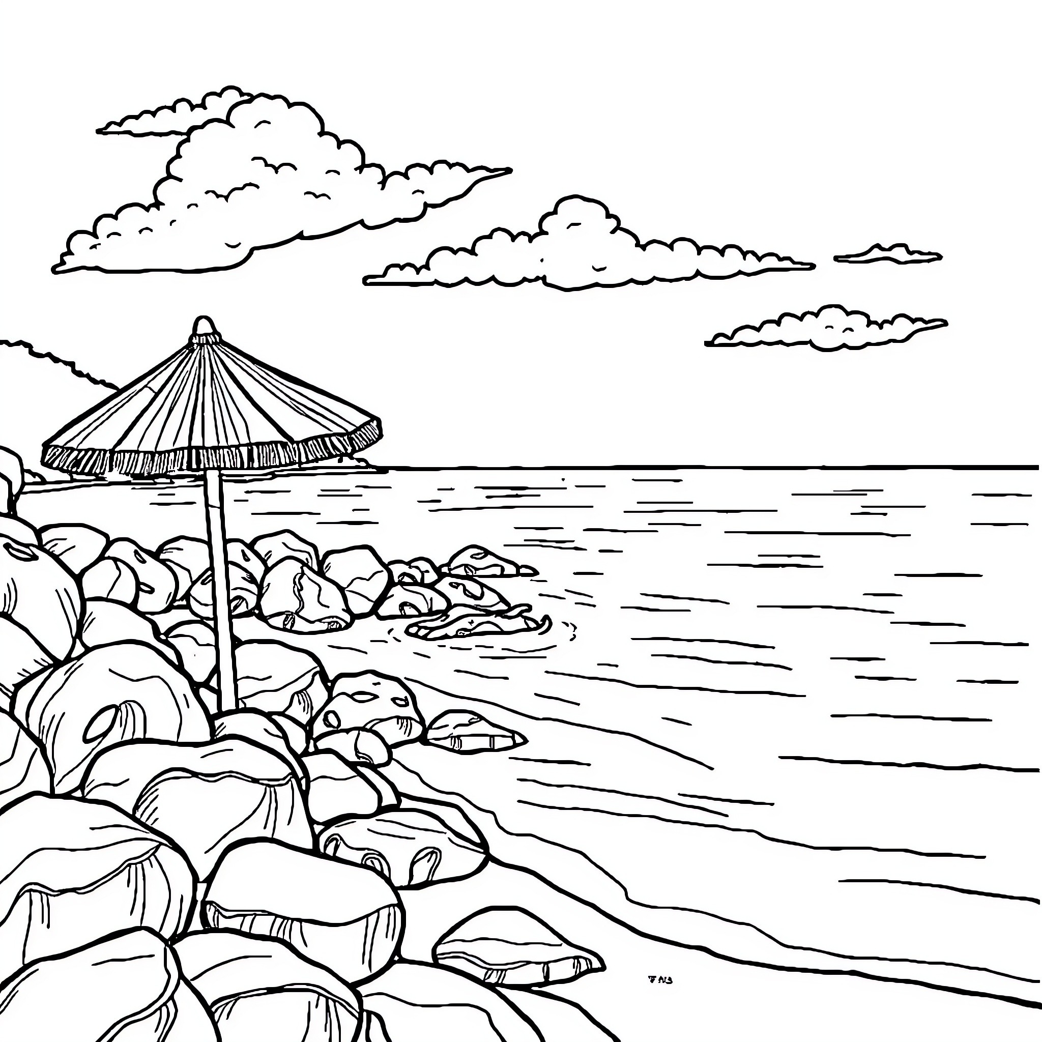 Holiday at the Tranquil Seaside Destination Coloring Page (free black-and-white line drawing printable PDF for all, from beginners to advanced learners, including children, teens, adults, and seniors)