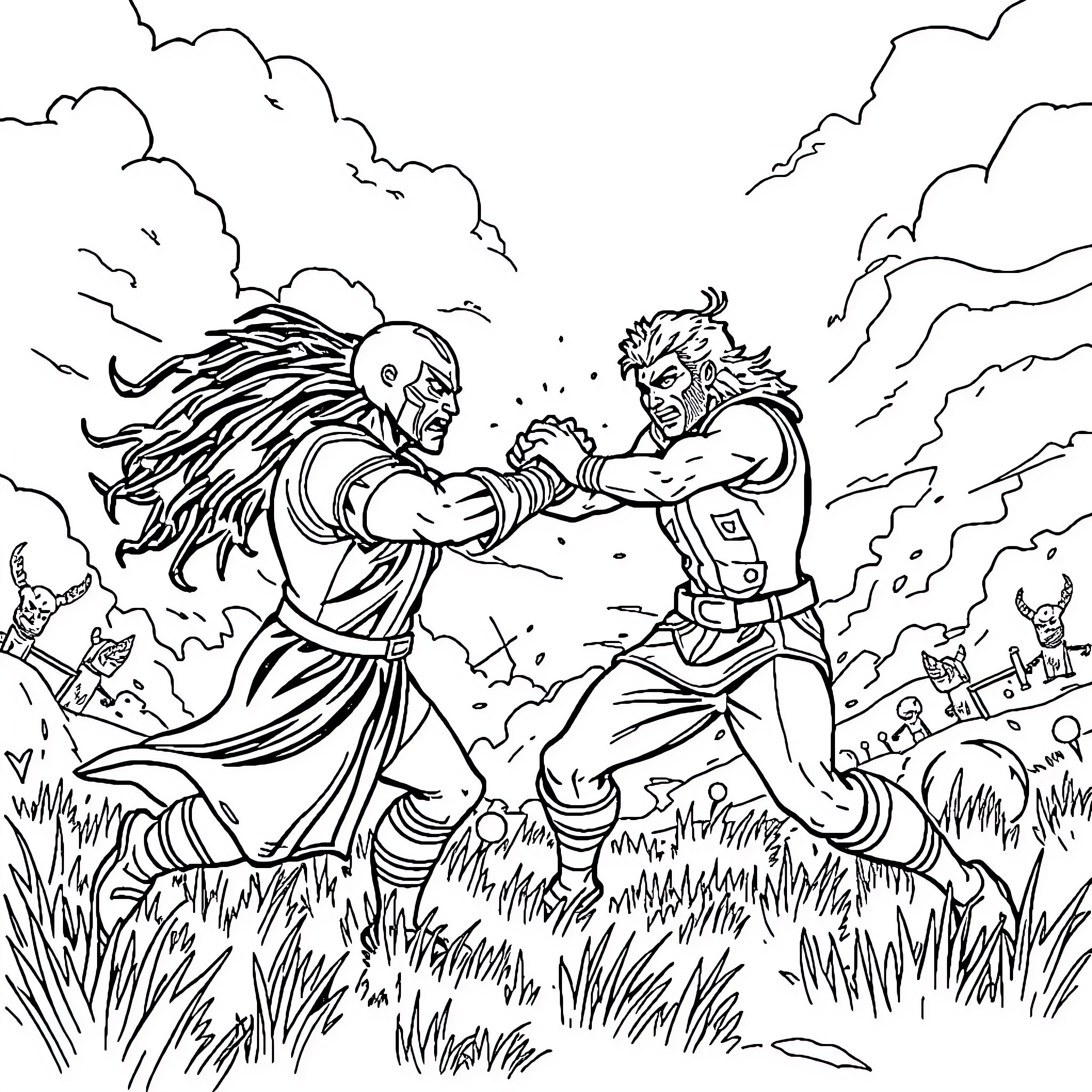 Tiranosaurio: Epic Battle of Fierce Warriors Coloring Page (free black-and-white line drawing printable PDF for all, from beginners to advanced learners, including children, teens, adults, and seniors)