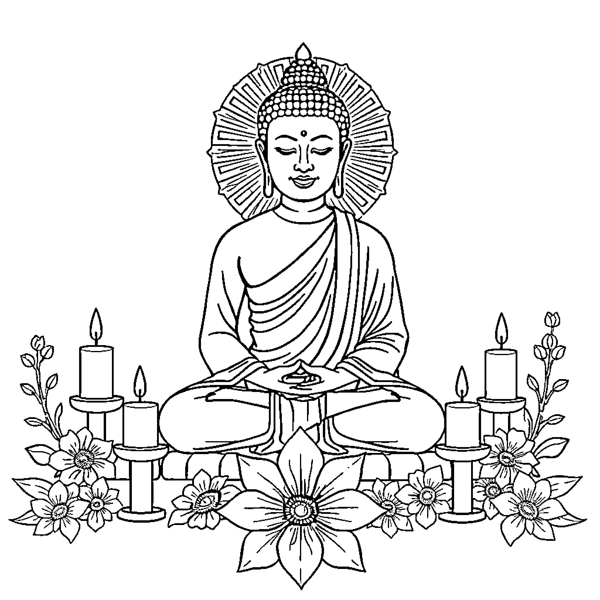 Buddha in meditative pose with flowers and candles Coloring Page (free black-and-white line drawing printable PDF for all, from beginners to advanced learners, including children, teens, adults, and seniors)