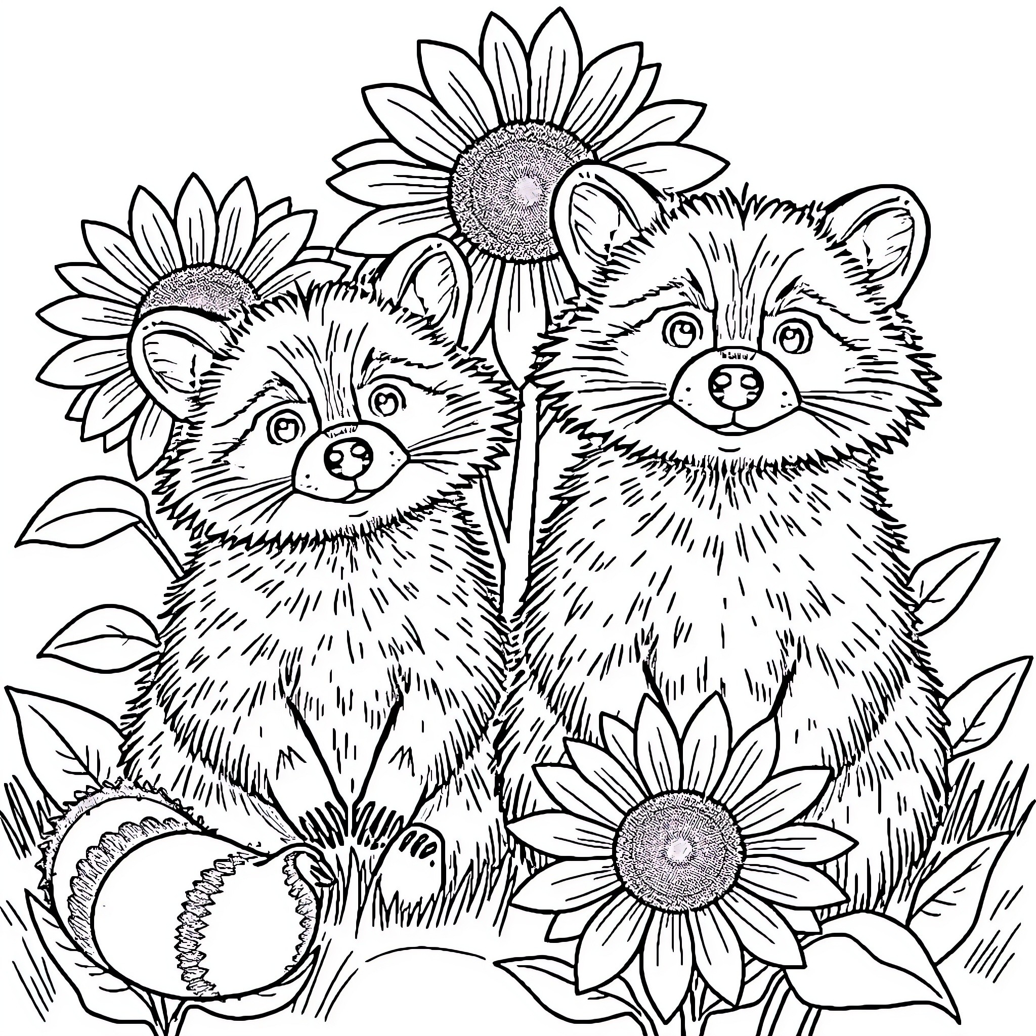 Raccoon companions surrounded by sunflowers Coloring Page (free black-and-white line drawing printable PDF for all, from beginners to advanced learners, including children, teens, adults, and seniors)