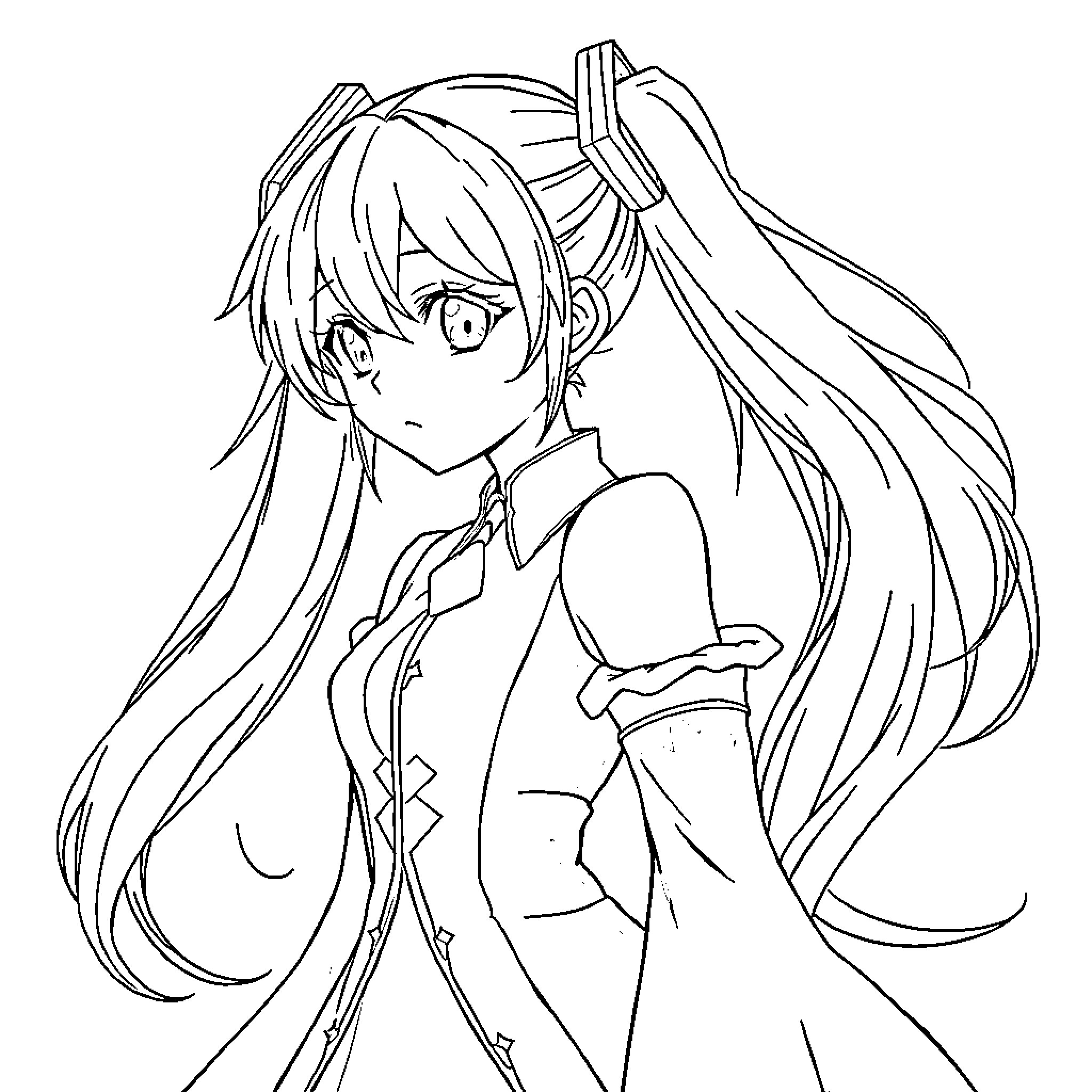 Miku posing in a confident stance Coloring Page (free black-and-white line drawing printable PDF for all, from beginners to advanced learners, including children, teens, adults, and seniors)