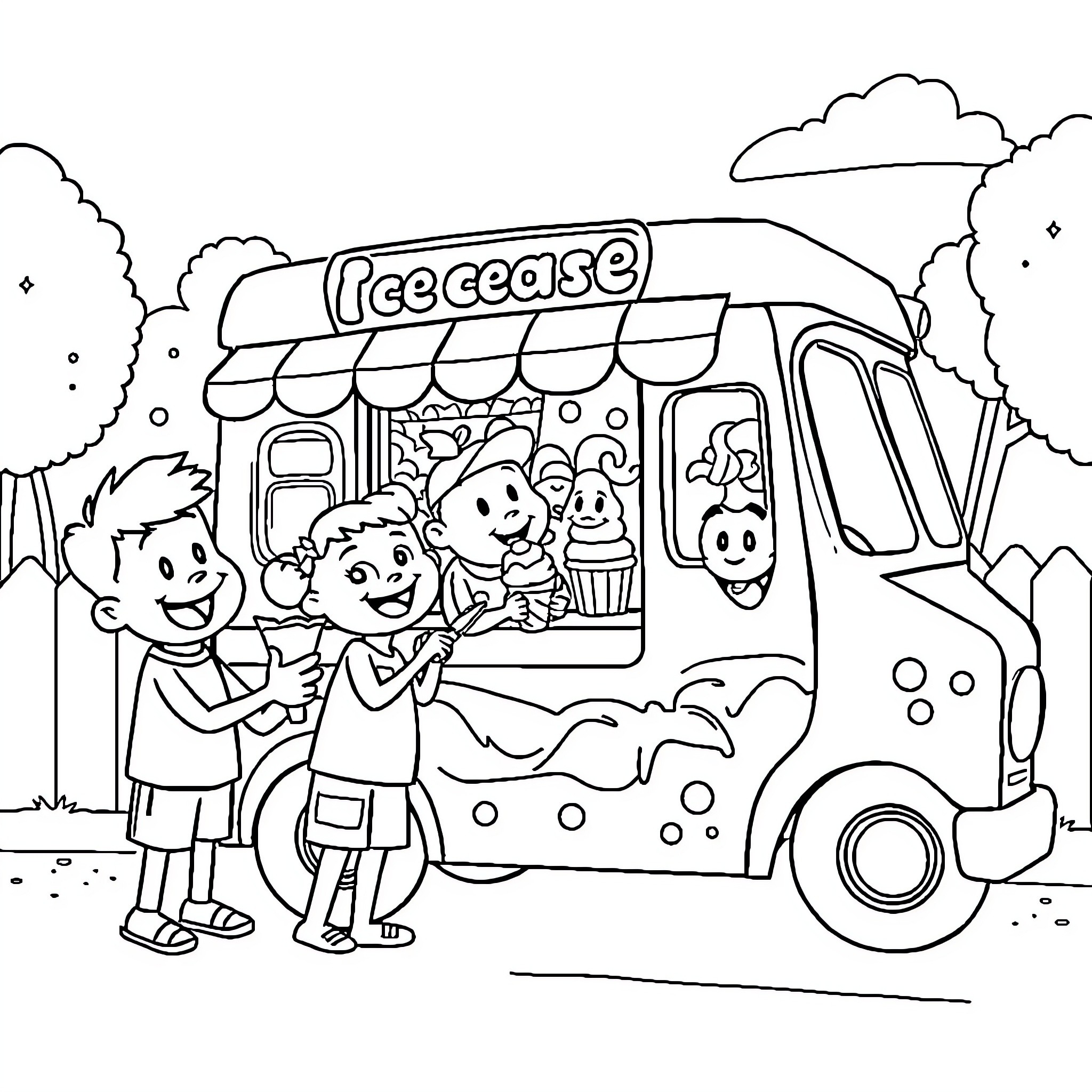 Bing Food Truck Serving Kids in the Park Coloring Page (free black-and-white line drawing printable PDF for all, from beginners to advanced learners, including children, teens, adults, and seniors)