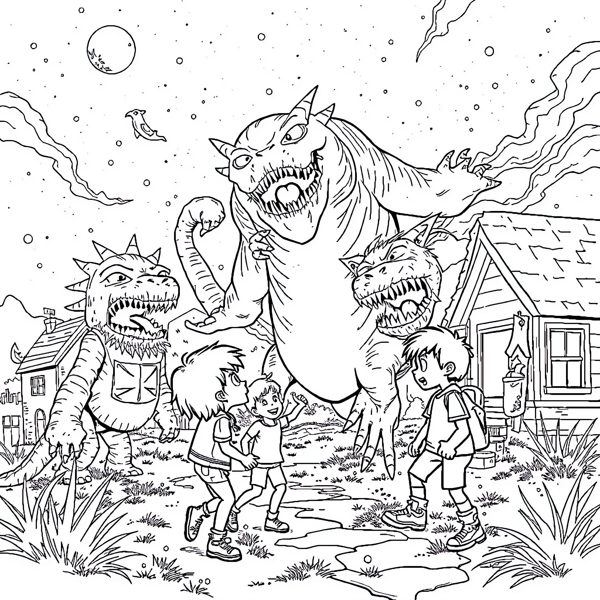 Stranger Things: Monstrous Encounter in the Neighborhood Coloring Page (free black-and-white line drawing printable PDF for all, from beginners to advanced learners, including children, teens, adults, and seniors)