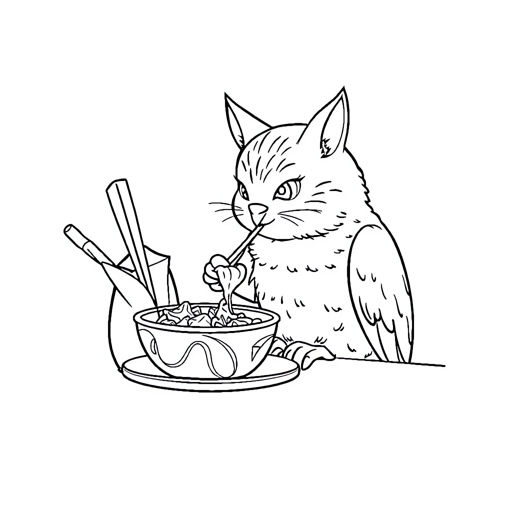 Cat enjoying a bowl of food with chopsticks Coloring Page (free black-and-white line drawing printable PDF for all, from beginners to advanced learners, including children, teens, adults, and seniors)