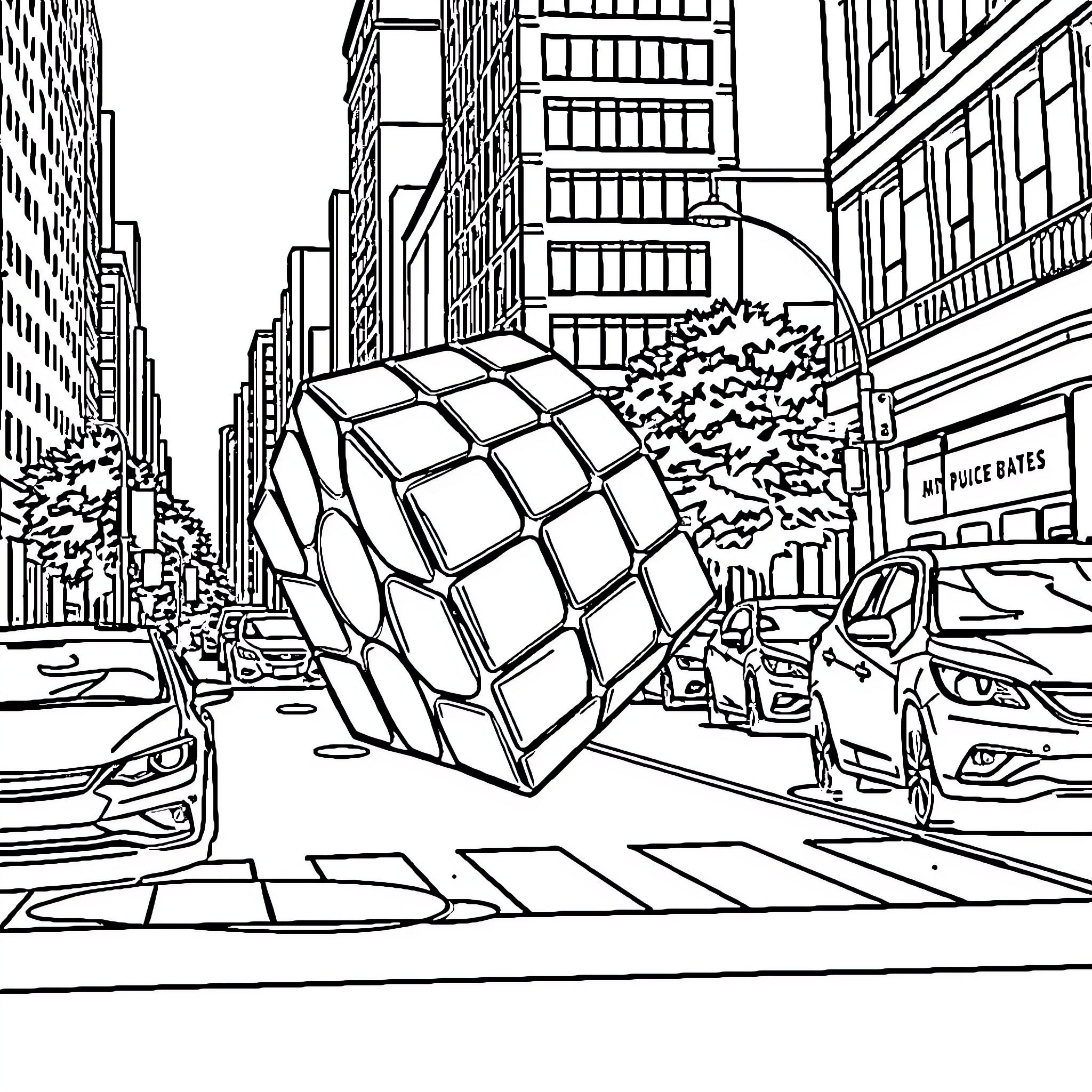 Rubik's Cube Dominating the City Skyline Coloring Page (free black-and-white line drawing printable PDF for all, from beginners to advanced learners, including children, teens, adults, and seniors)