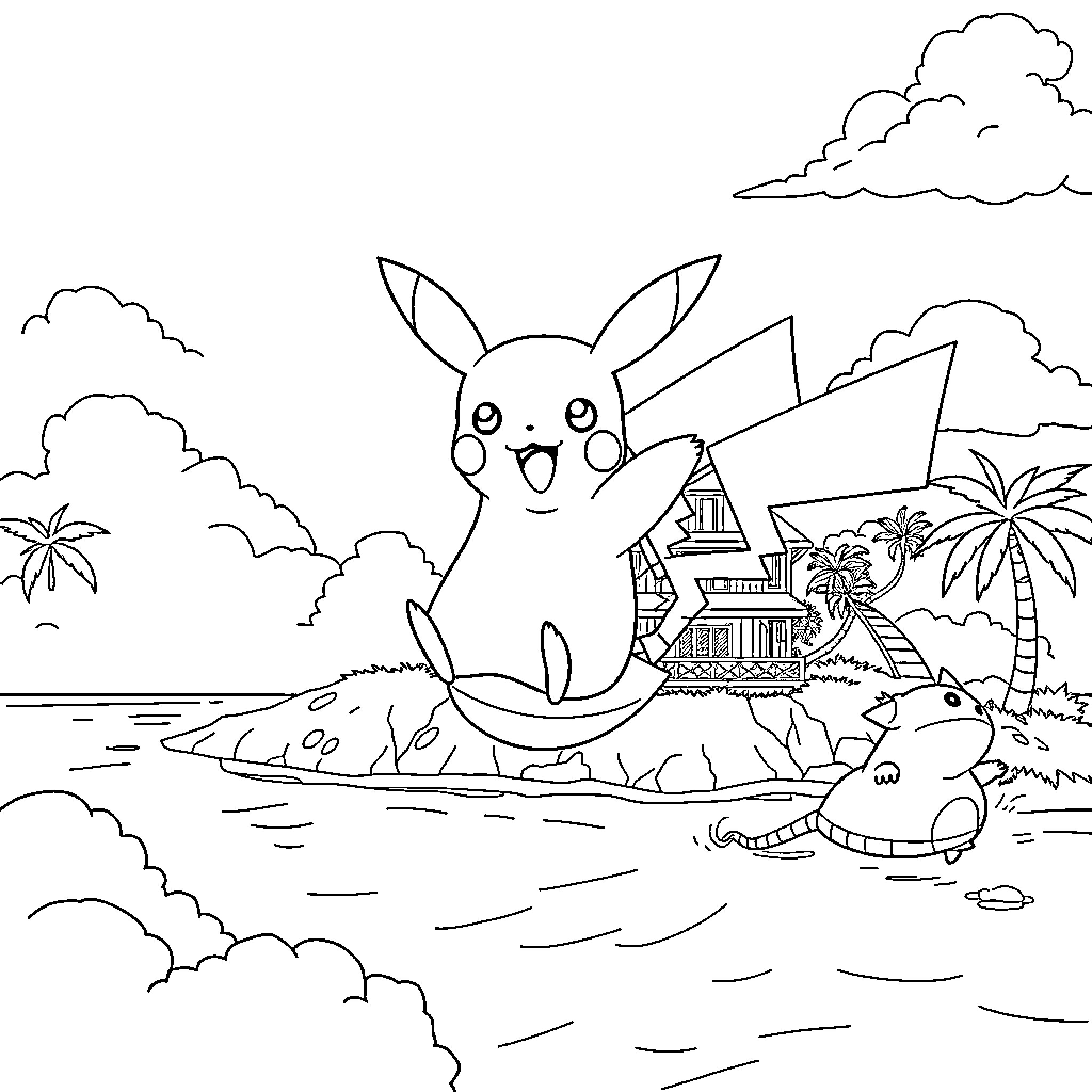 Pikachu's Tropical Adventure Coloring Page (free black-and-white line drawing printable PDF for all, from beginners to advanced learners, including children, teens, adults, and seniors)