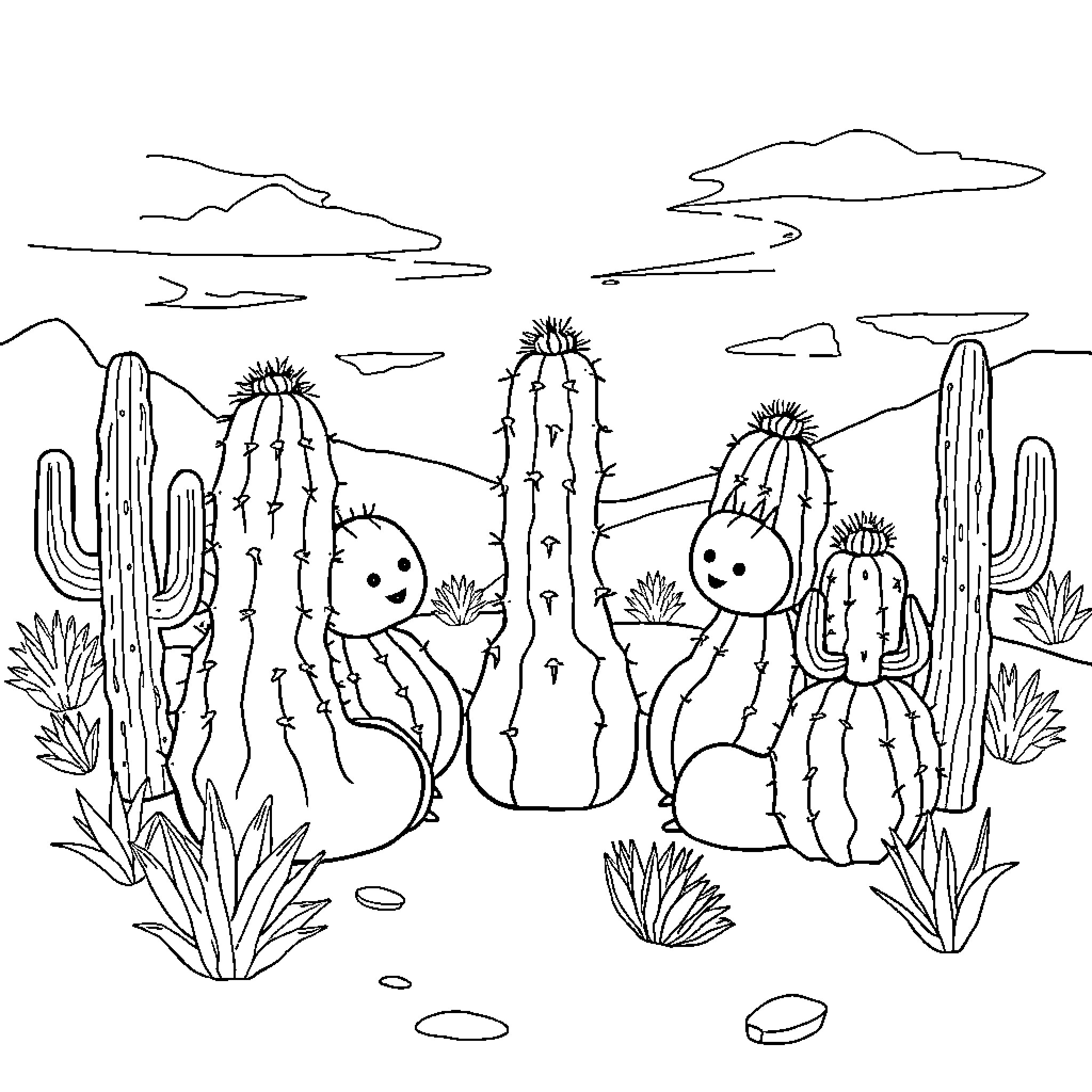 Cactus friends enjoying the desert landscape Coloring Page (free black-and-white line drawing printable PDF for all, from beginners to advanced learners, including children, teens, adults, and seniors)