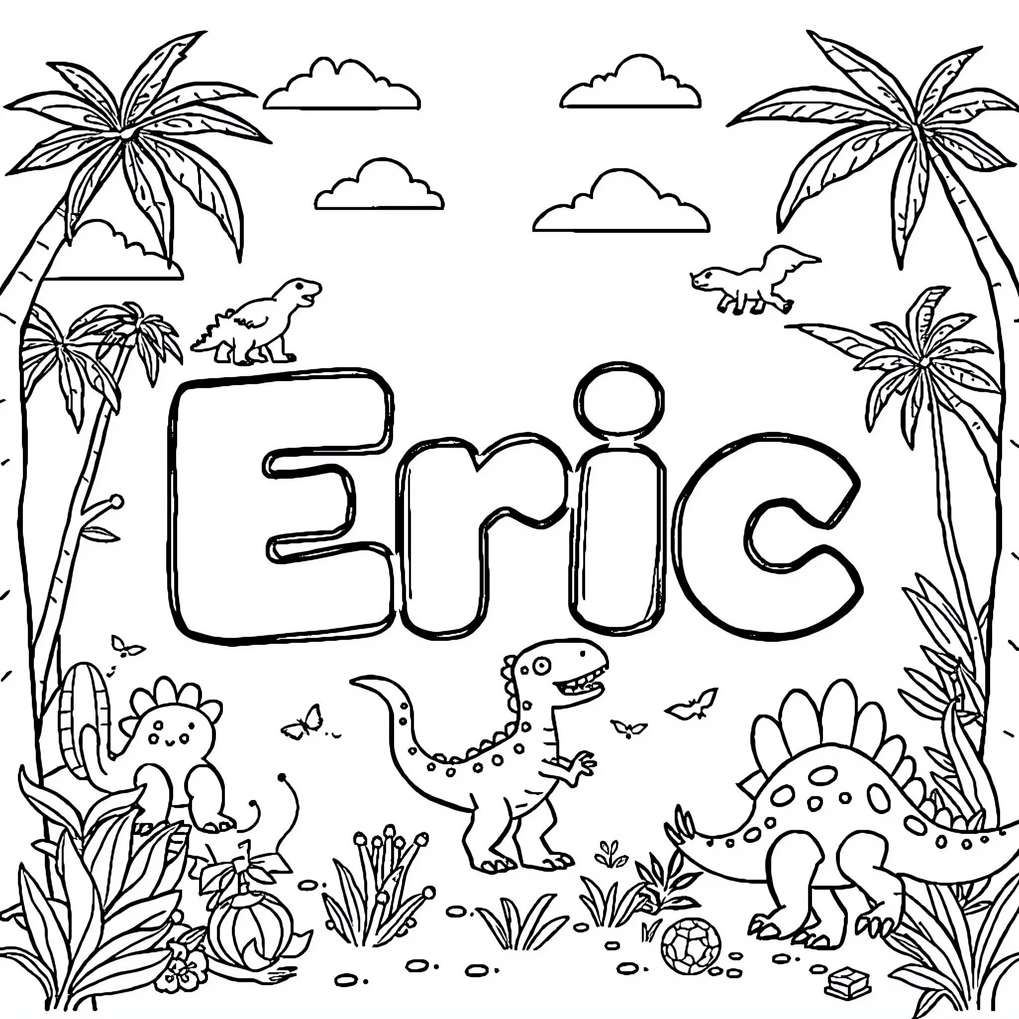 Eric's Jurassic Adventure in the Tropical Paradise Coloring Page (free black-and-white line drawing printable PDF for all, from beginners to advanced learners, including children, teens, adults, and seniors)