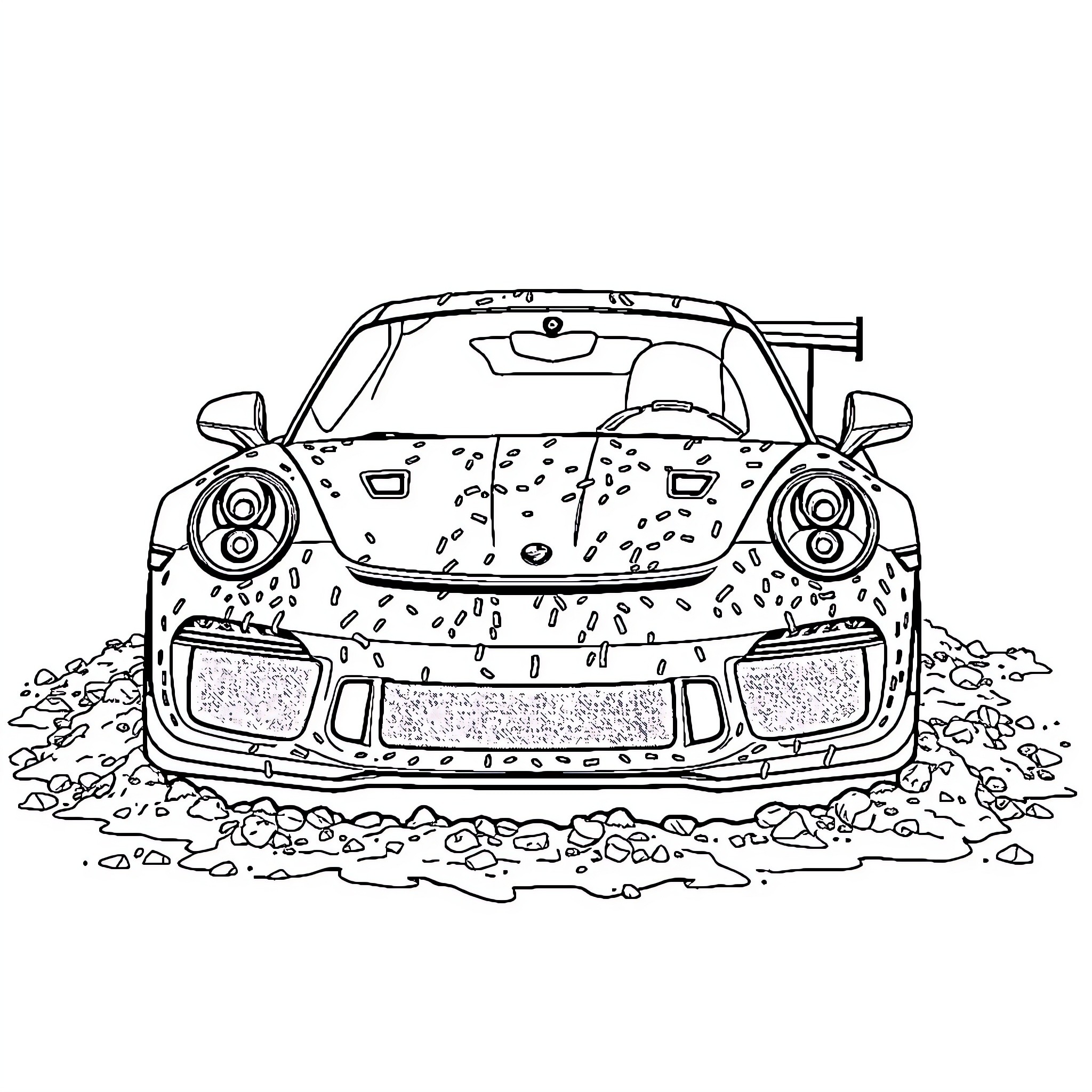 Porsche Sports Car Speeding Through Muddy Terrain Coloring Page (free black-and-white line drawing printable PDF for all, from beginners to advanced learners, including children, teens, adults, and seniors)