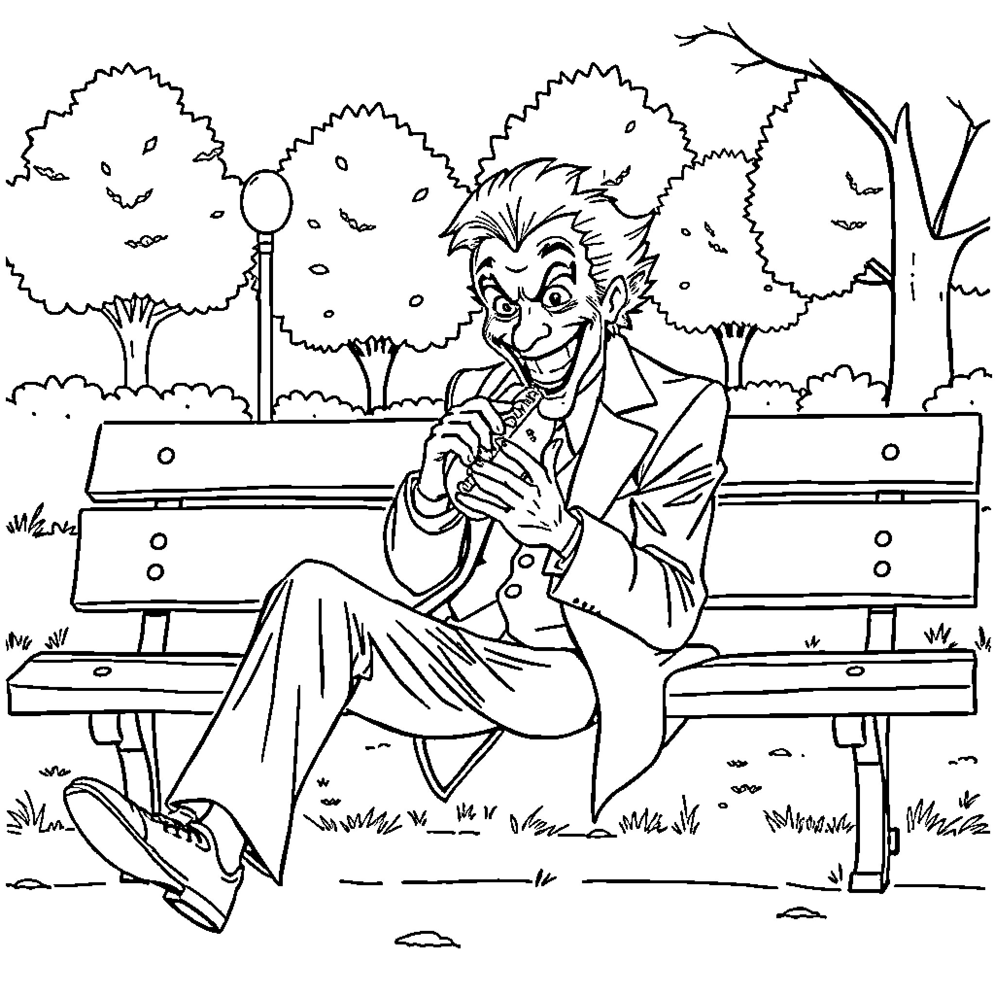 Joker sitting on a bench in a park Coloring Page (free black-and-white line drawing printable PDF for all, from beginners to advanced learners, including children, teens, adults, and seniors)