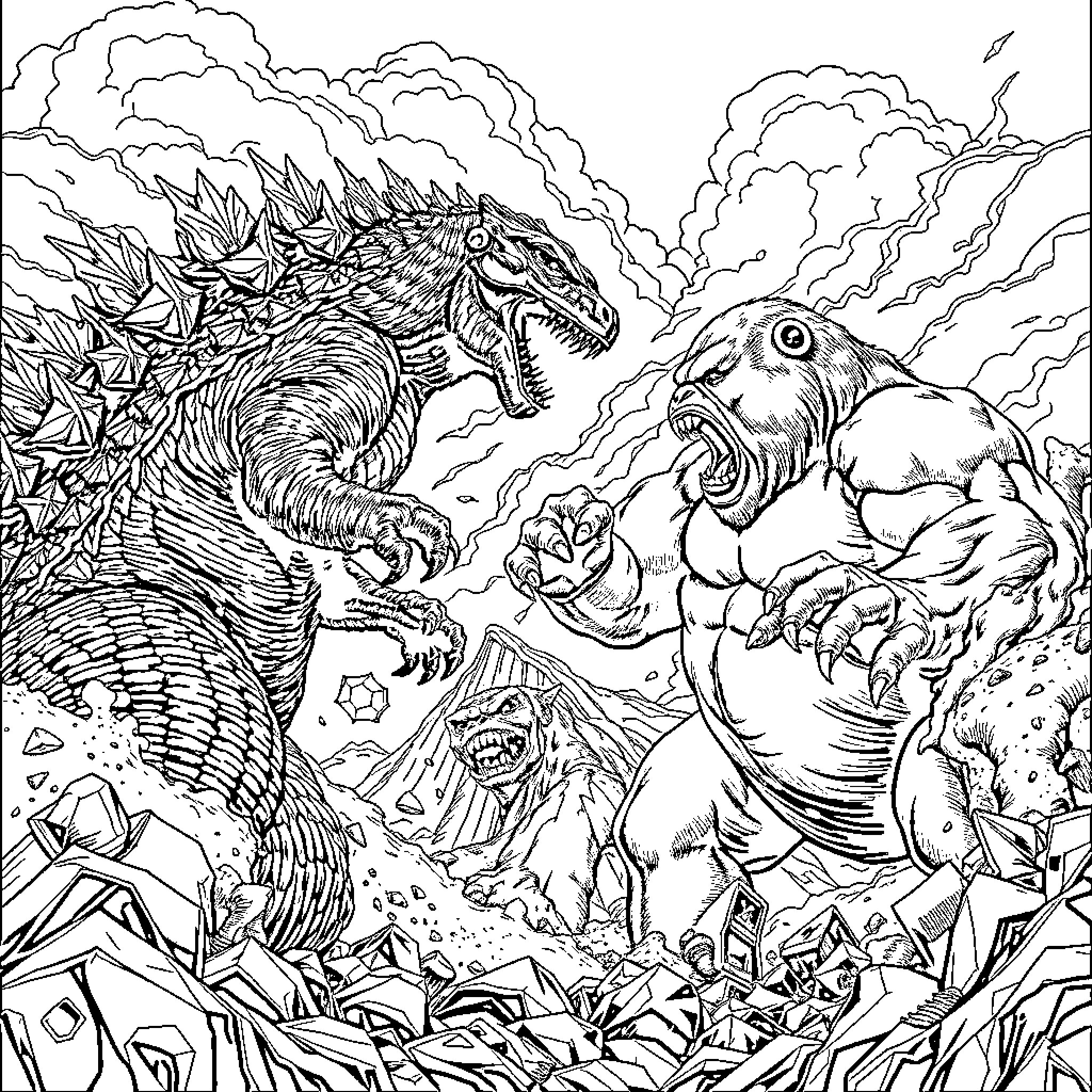 Godzilla facing off against a monstrous creature in an epic battle Coloring Page (free black-and-white line drawing printable PDF for all, from beginners to advanced learners, including children, teens, adults, and seniors)