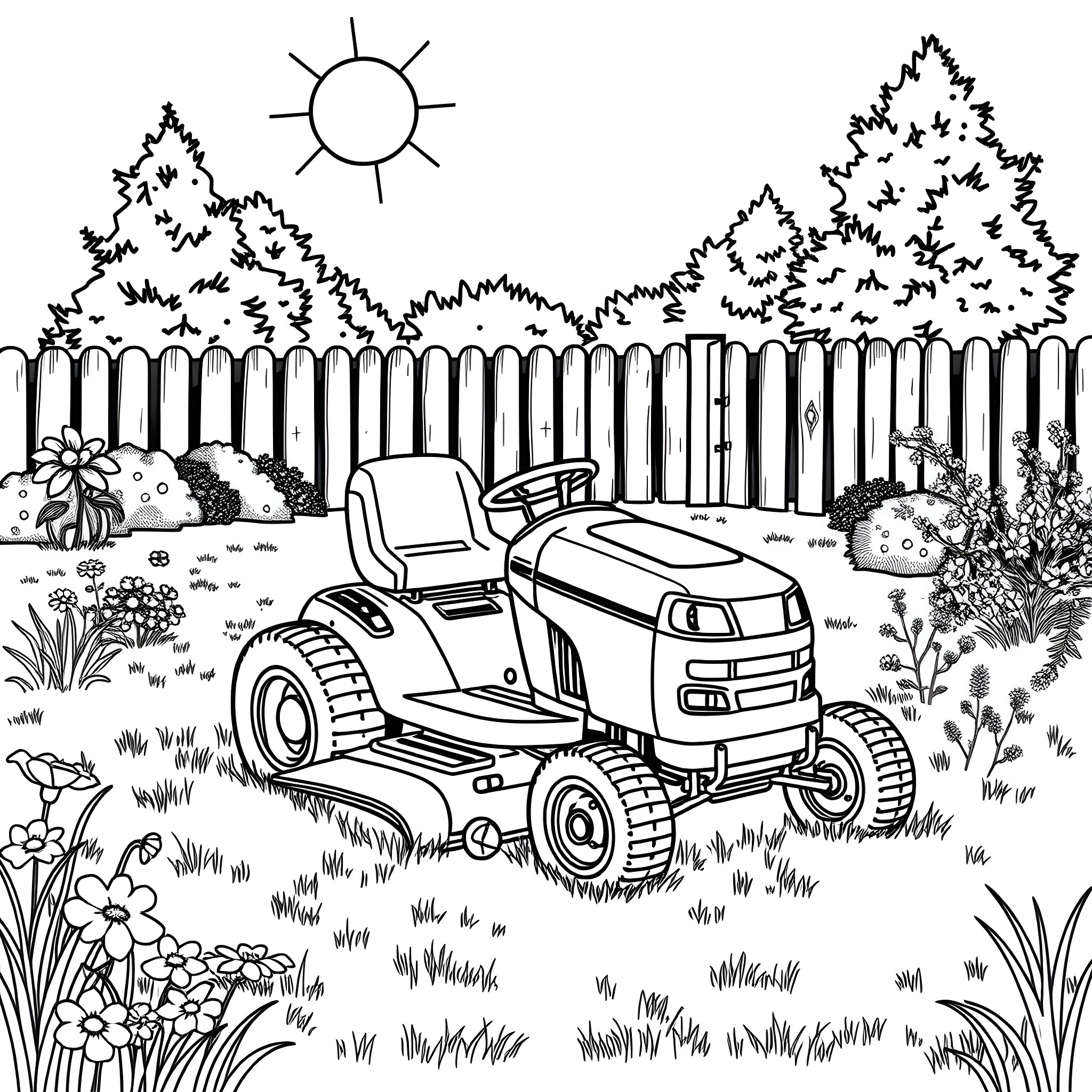 Riding Mower in a Lush Garden Landscape Coloring Page (free black-and-white line drawing printable PDF for all, from beginners to advanced learners, including children, teens, adults, and seniors)