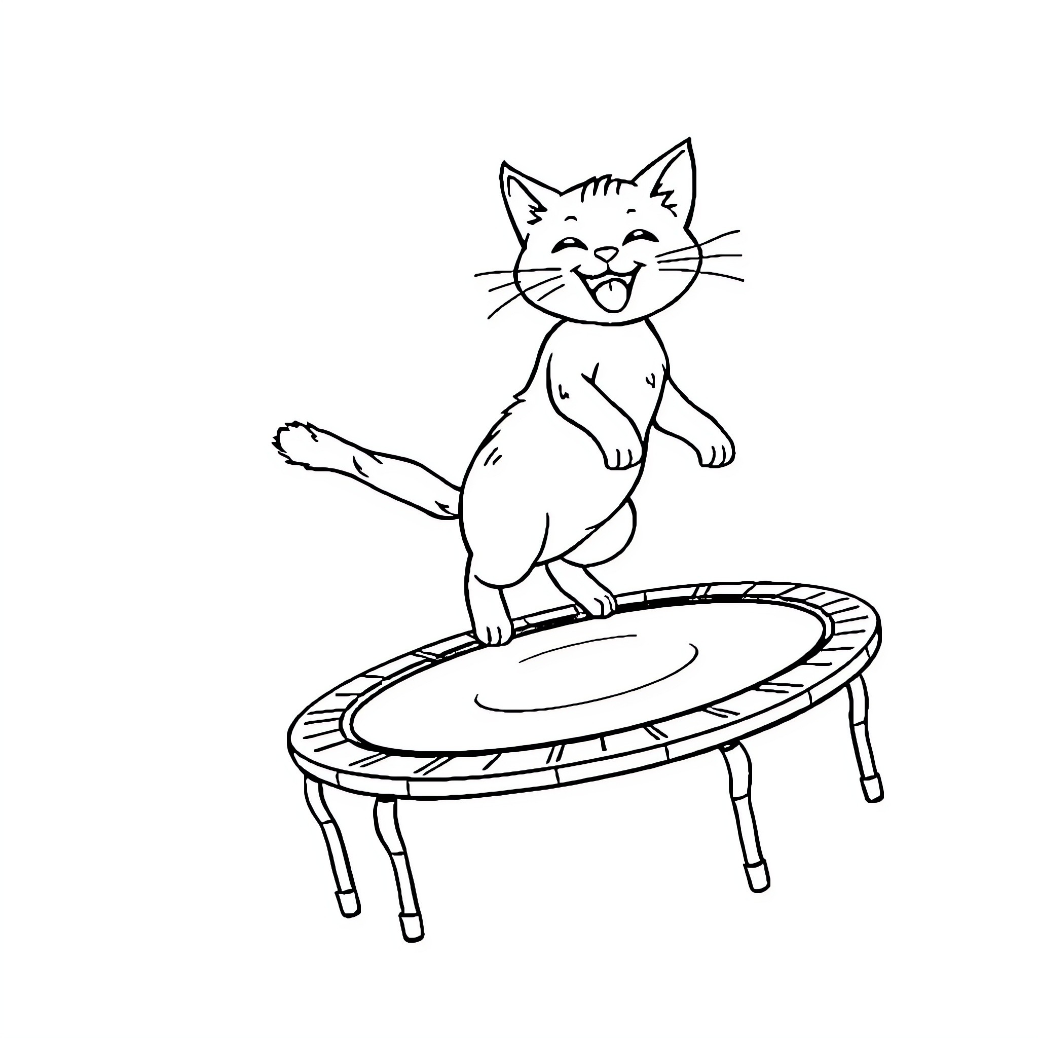 Cat playing on a trampoline Coloring Page (free black-and-white line drawing printable PDF for all, from beginners to advanced learners, including children, teens, adults, and seniors)