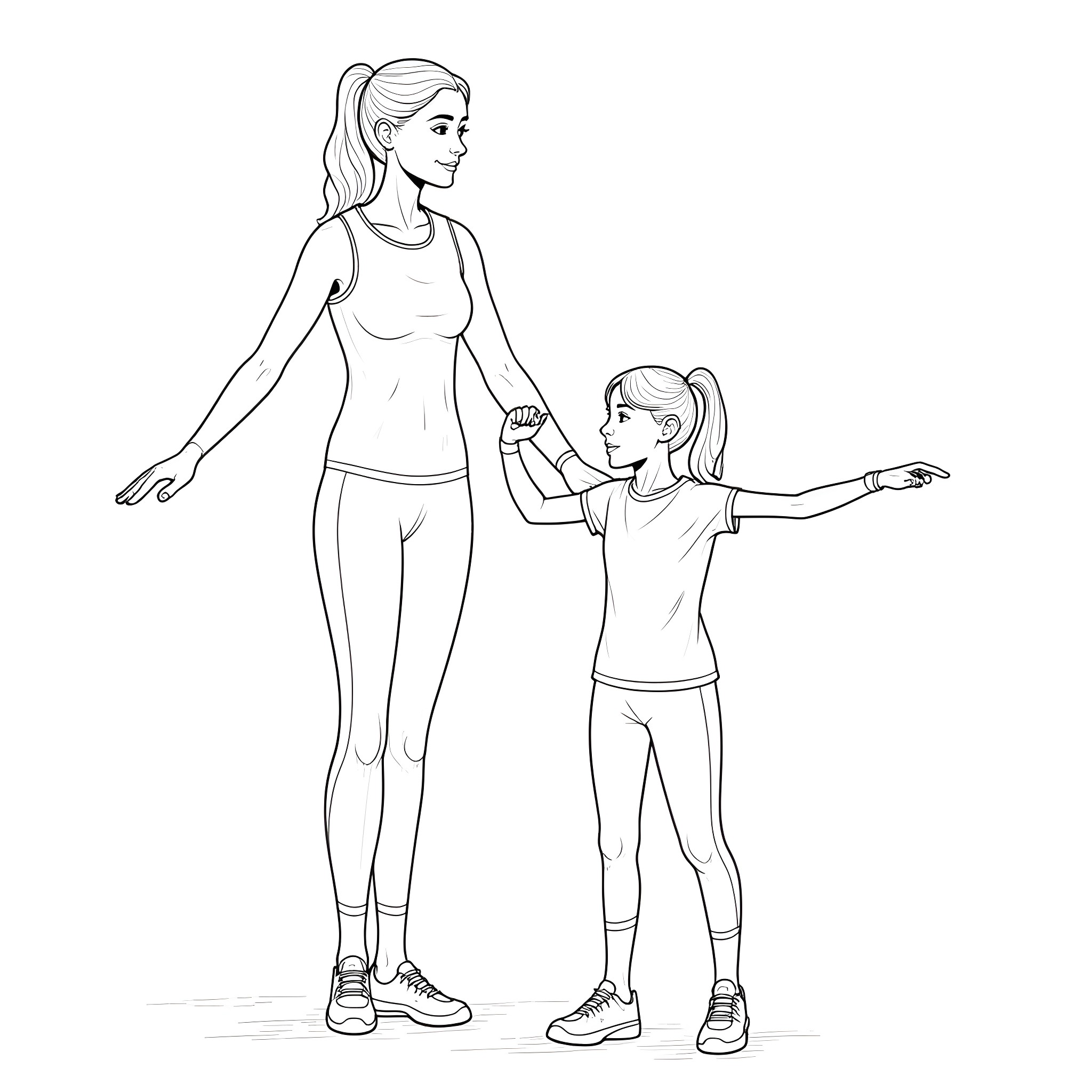 Mom and daughter exercising together Coloring Page (free black-and-white line drawing printable PDF for all, from beginners to advanced learners, including children, teens, adults, and seniors)