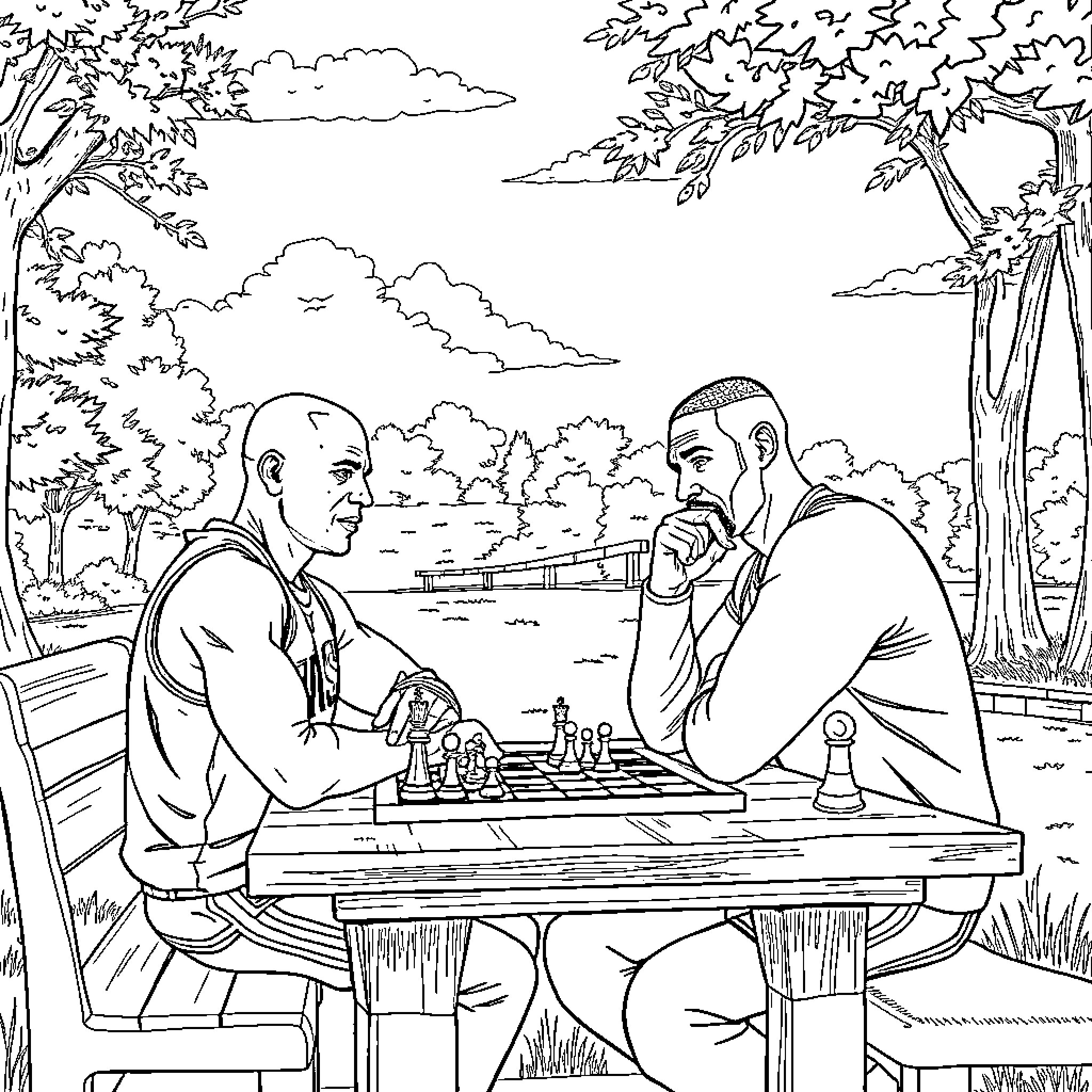 Michael Jordan and friend playing chess outdoors Coloring Page (free black-and-white line drawing printable PDF for all, from beginners to advanced learners, including children, teens, adults, and seniors)
