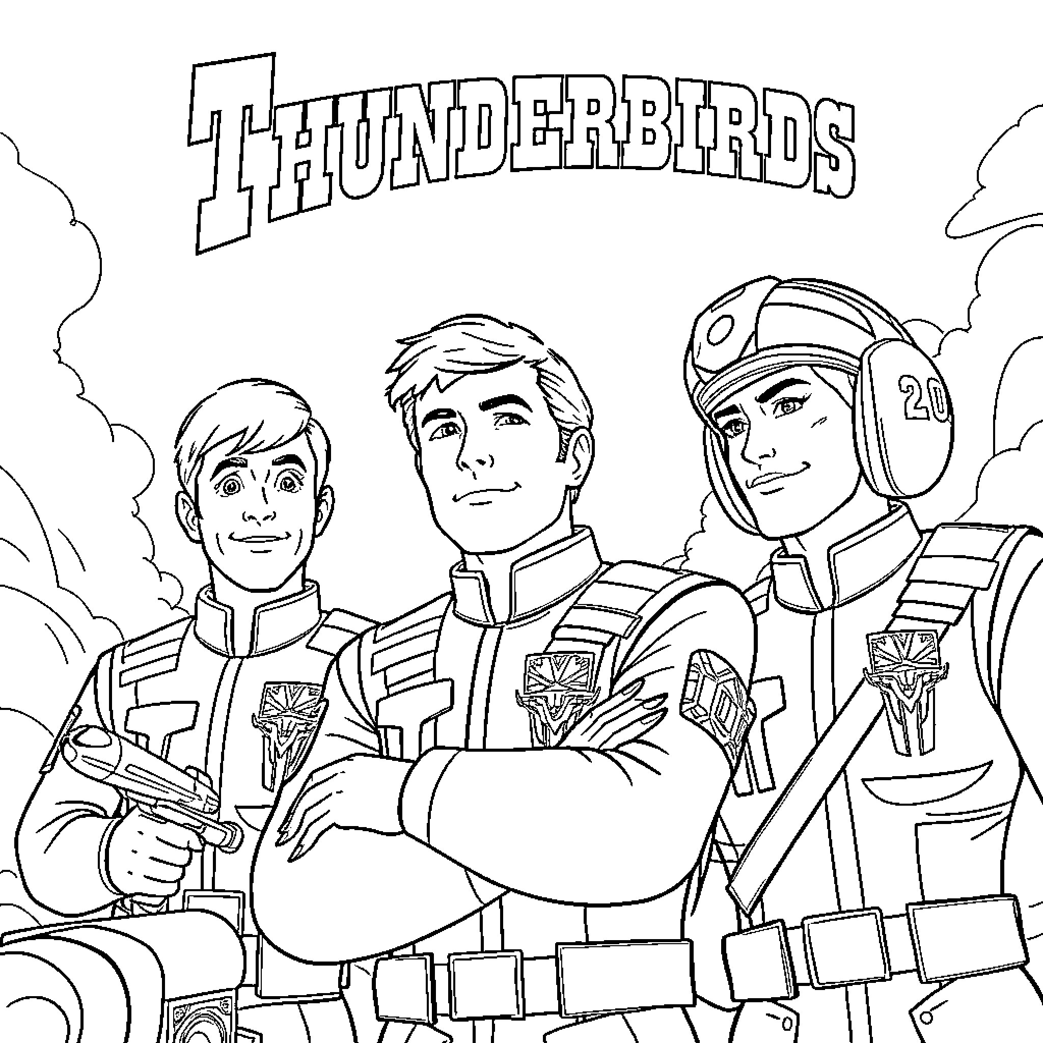Thunderbirds characters standing together in heroic poses Coloring Page (free black-and-white line drawing printable PDF for all, from beginners to advanced learners, including children, teens, adults, and seniors)