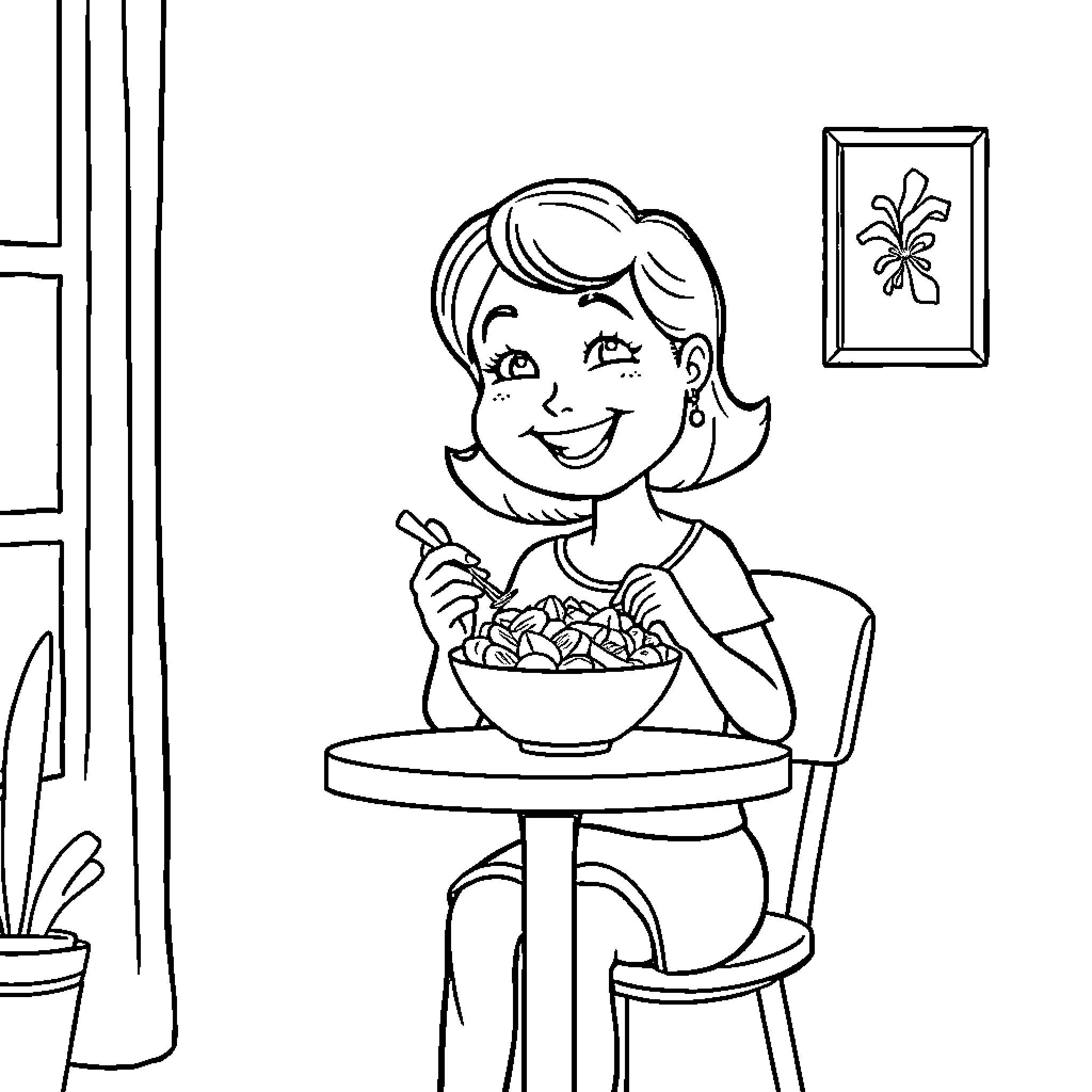 Nancy Enjoying a Meal in Her Cozy Home Coloring Page (free black-and-white line drawing printable PDF for all, from beginners to advanced learners, including children, teens, adults, and seniors)