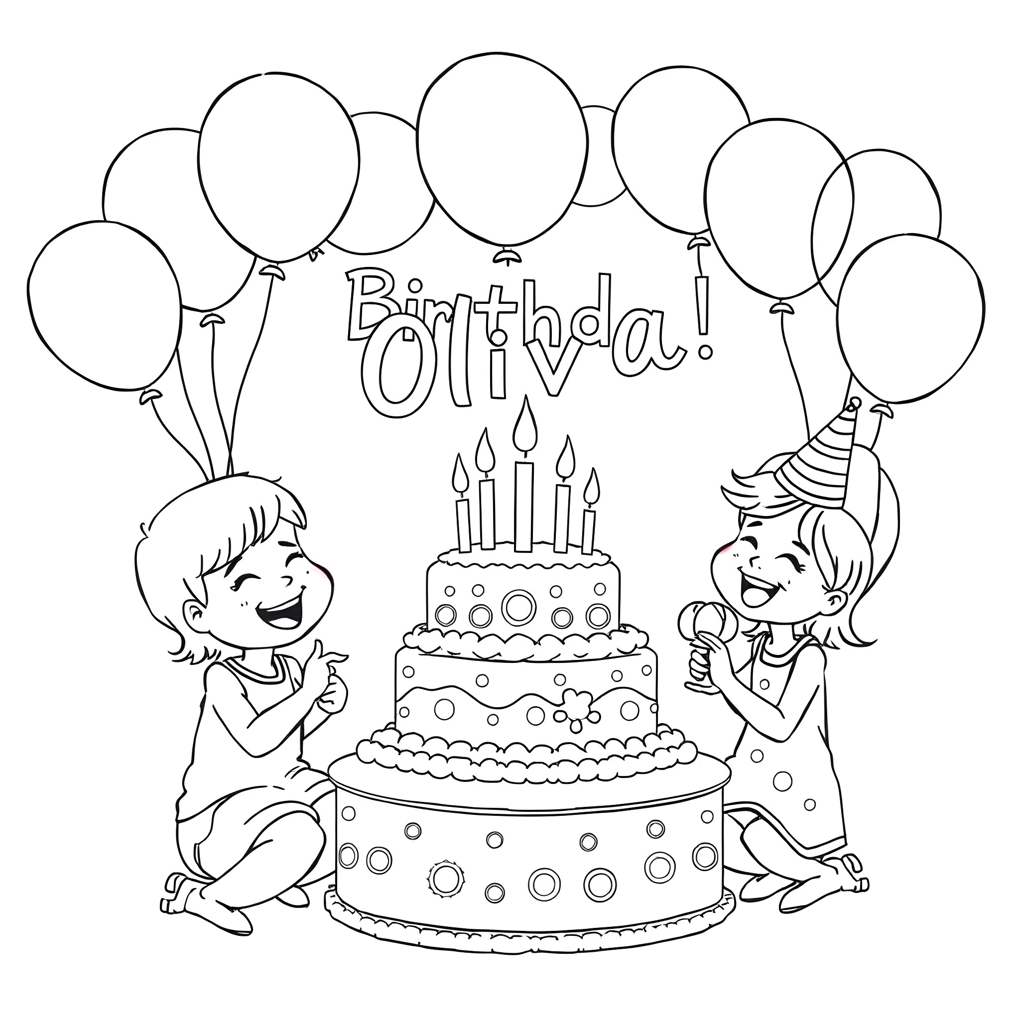 Birthday party with kids and cake Coloring Page (free black-and-white line drawing printable PDF for all, from beginners to advanced learners, including children, teens, adults, and seniors)