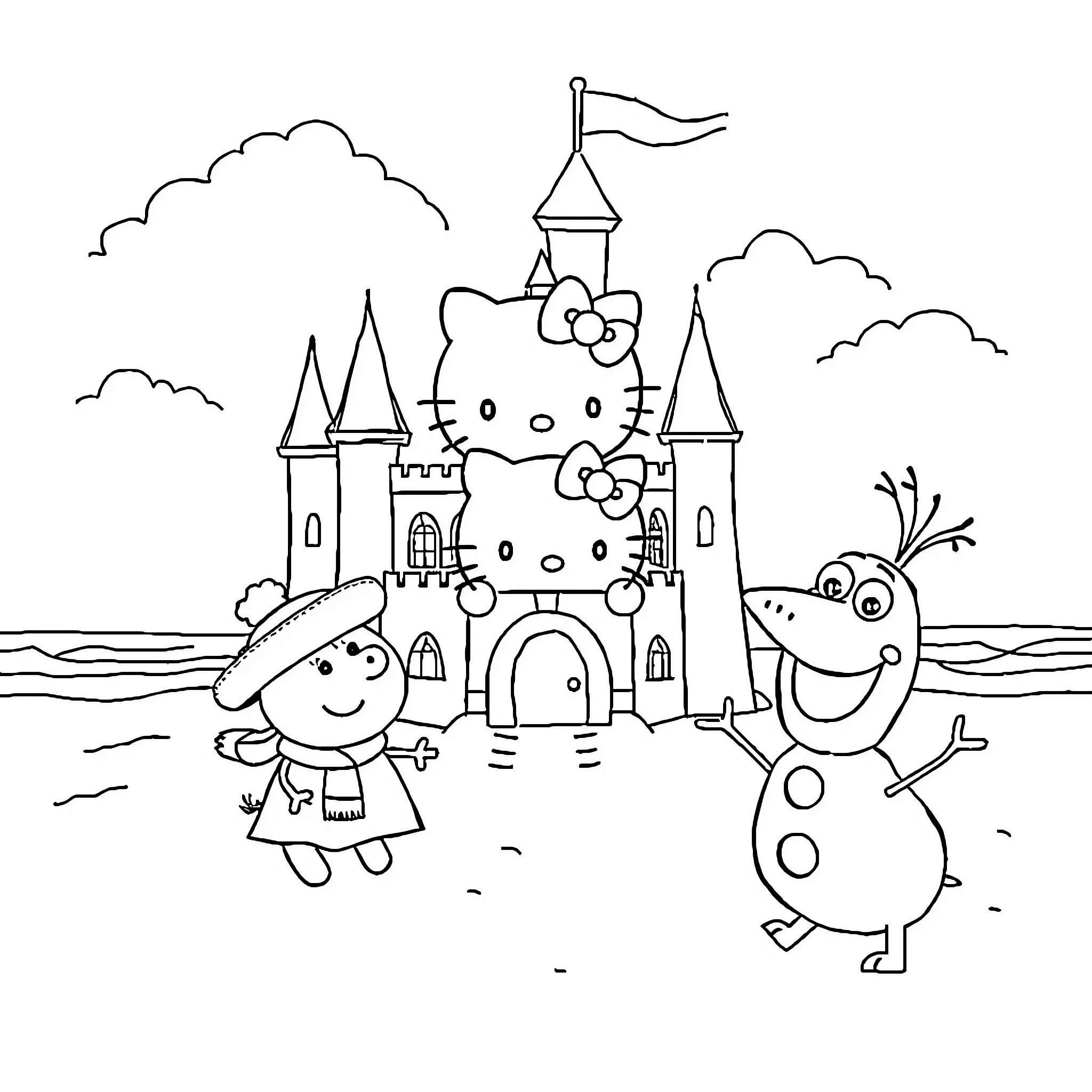 Hello Kitty playing with friends near a castle Coloring Page (free black-and-white line drawing printable PDF for all, from beginners to advanced learners, including children, teens, adults, and seniors)