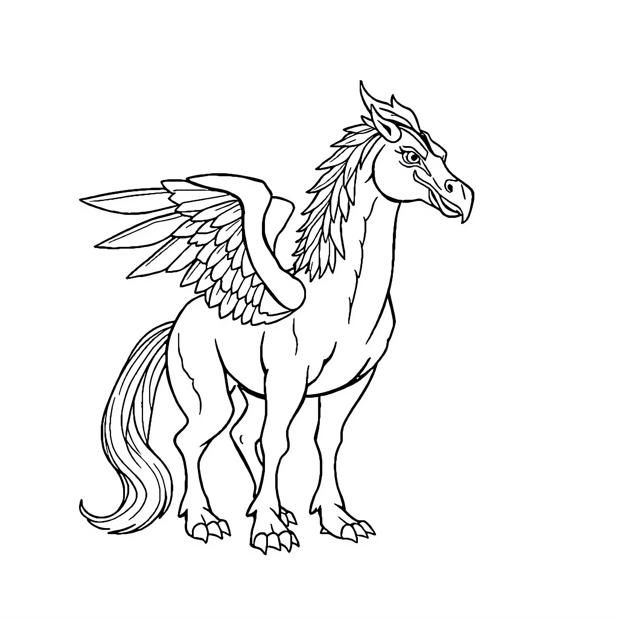 Hippogriff soaring with powerful wings Coloring Page (free black-and-white line drawing printable PDF for all, from beginners to advanced learners, including children, teens, adults, and seniors)