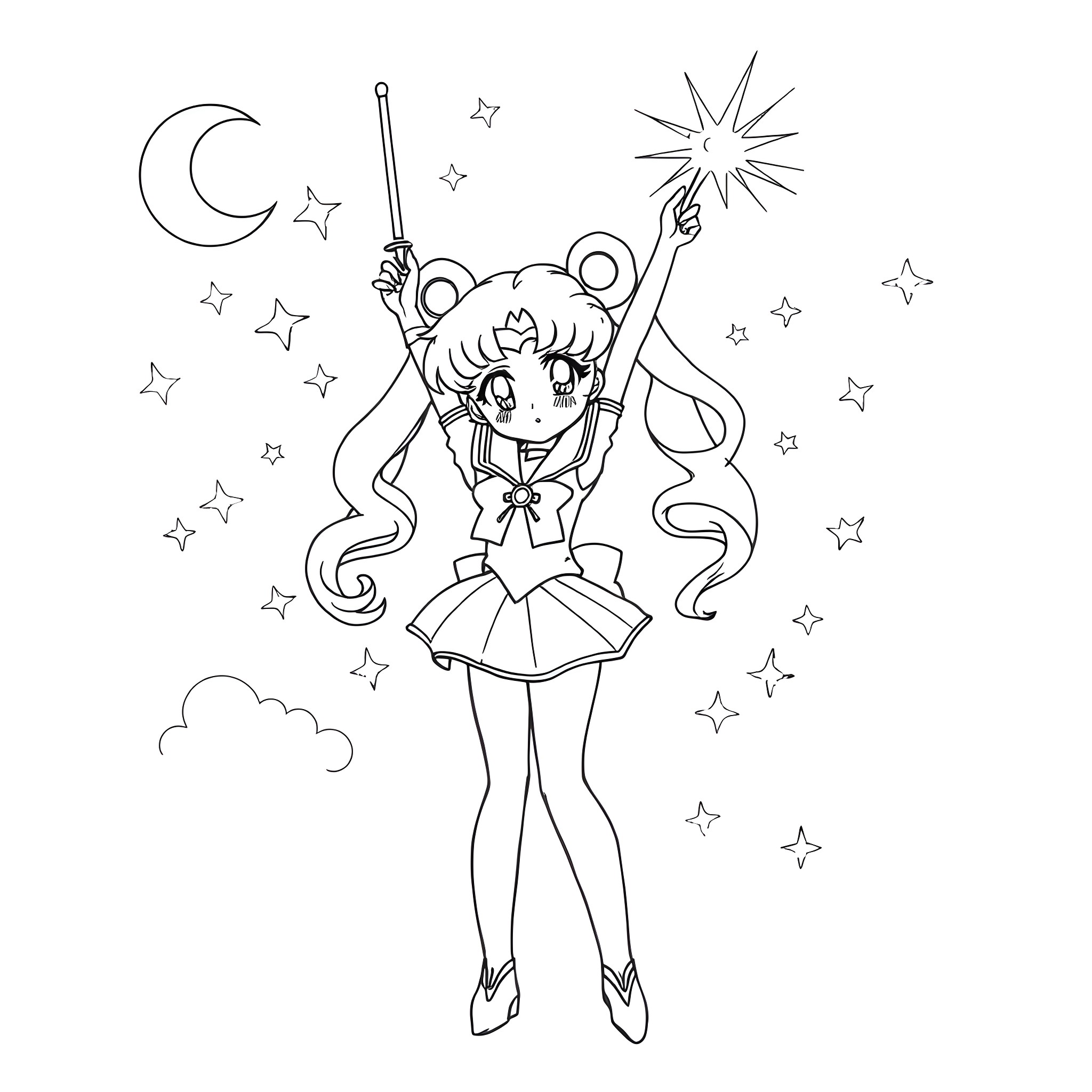 Sailor Chibi Moon striking a magical pose Coloring Page (free black-and-white line drawing printable PDF for all, from beginners to advanced learners, including children, teens, adults, and seniors)
