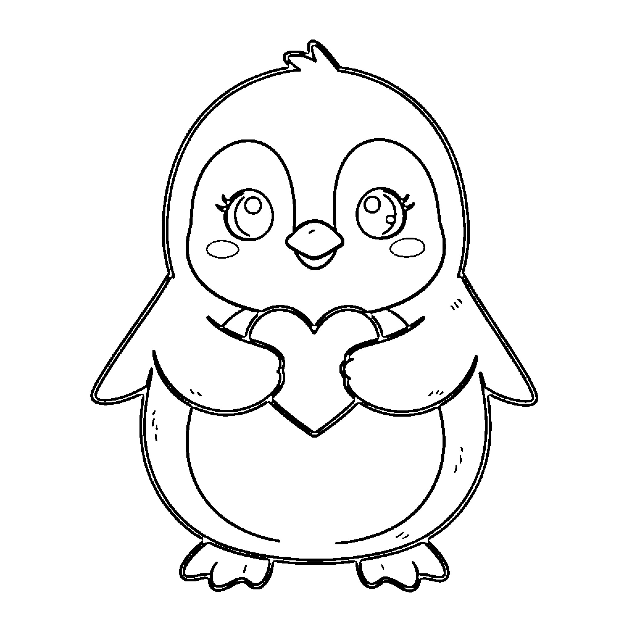 Penguin holding a large heart with a sweet expression Coloring Page (free black-and-white line drawing printable PDF for all, from beginners to advanced learners, including children, teens, adults, and seniors)