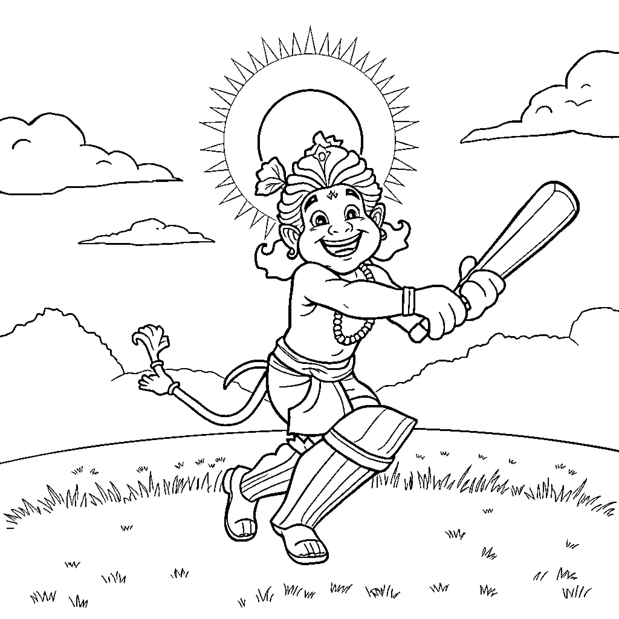 Hanuman playing cricket joyfully under the sun Coloring Page (free black-and-white line drawing printable PDF for all, from beginners to advanced learners, including children, teens, adults, and seniors)